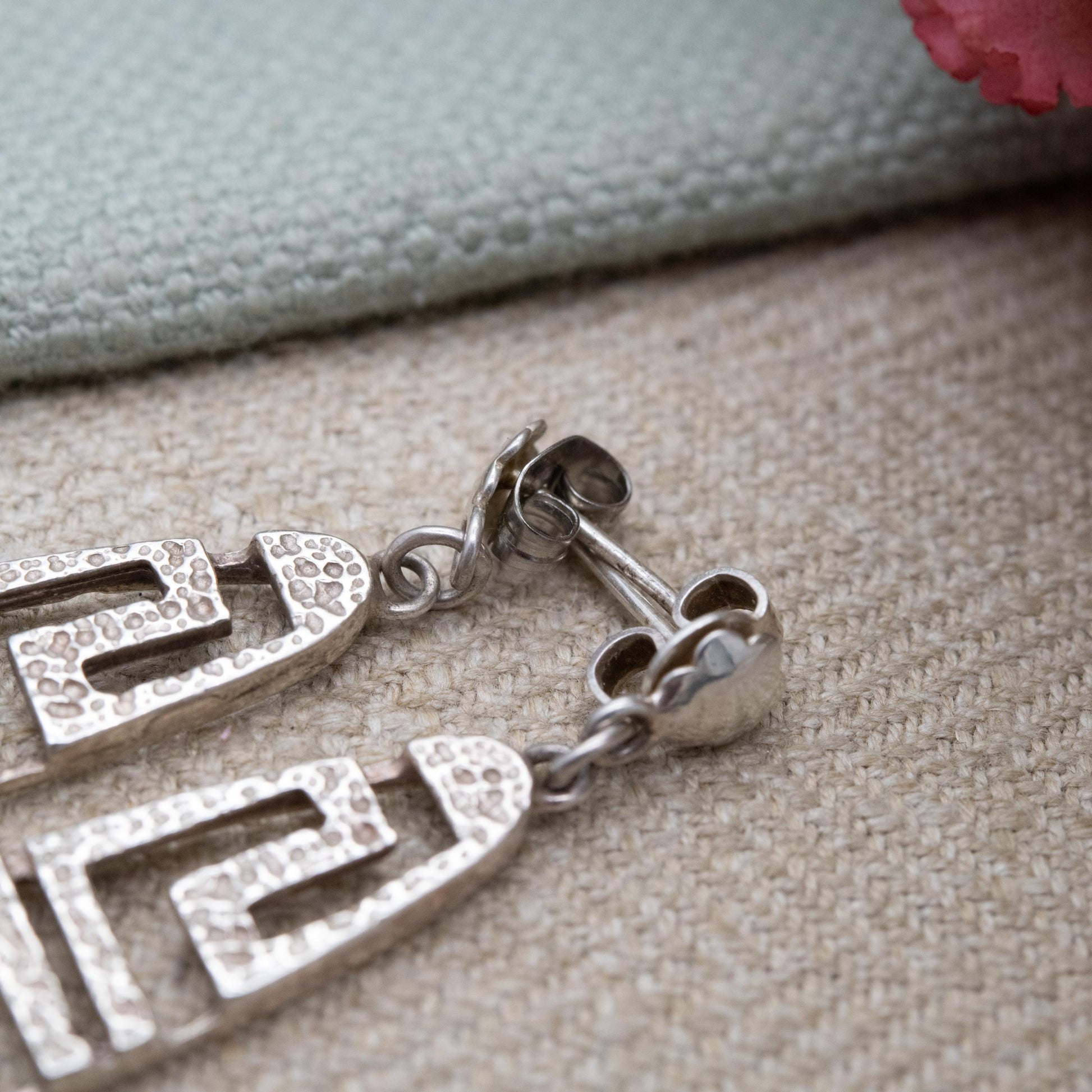 Vintage Greek Sterling Silver Meander Drop Earrings - Hammered Openwork Greek Key Maze Design