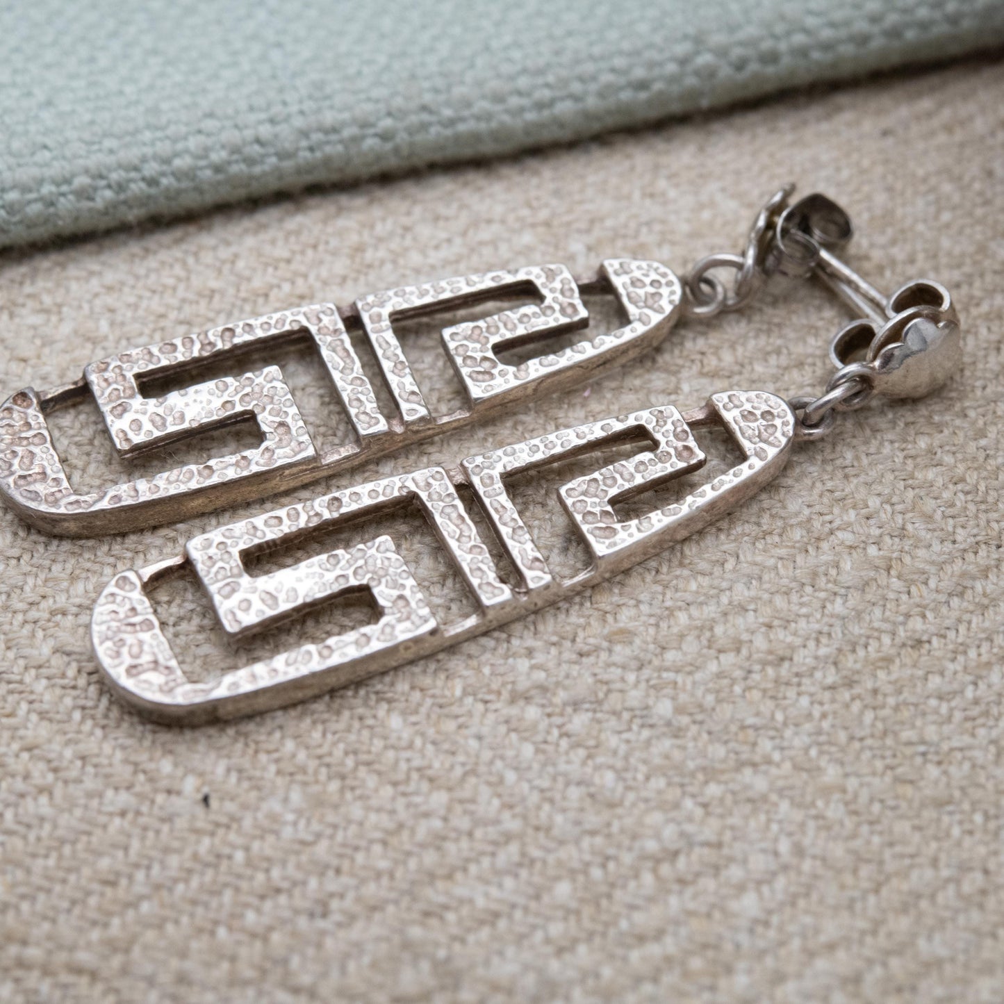 Vintage Greek Sterling Silver Meander Drop Earrings - Hammered Openwork Greek Key Maze Design