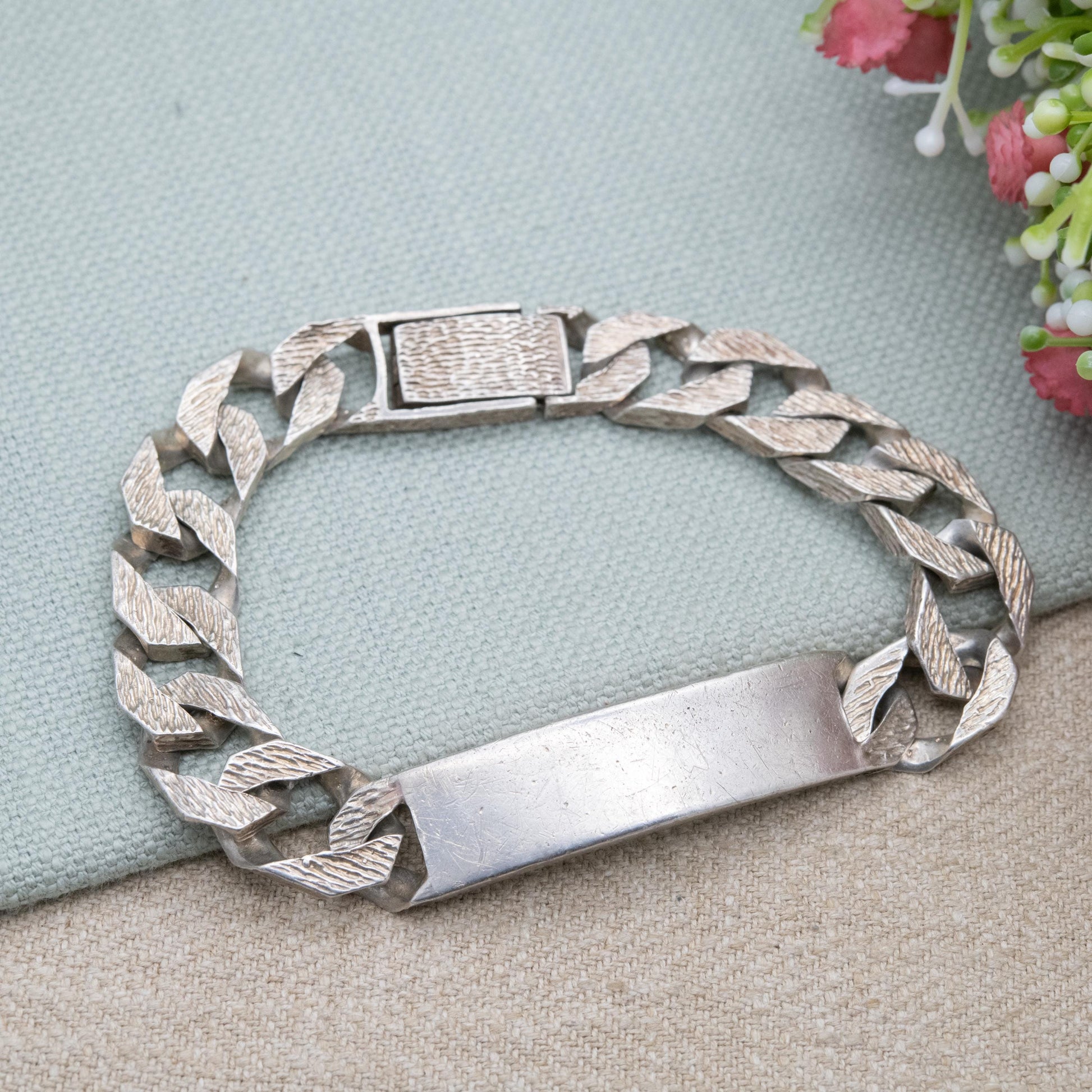 Vintage Sterling Silver Chunky ID Bracelet 1979 - Heavy Flat Curb Links | Unisex Bracelet | Unisex Jewellery Gift for Him
