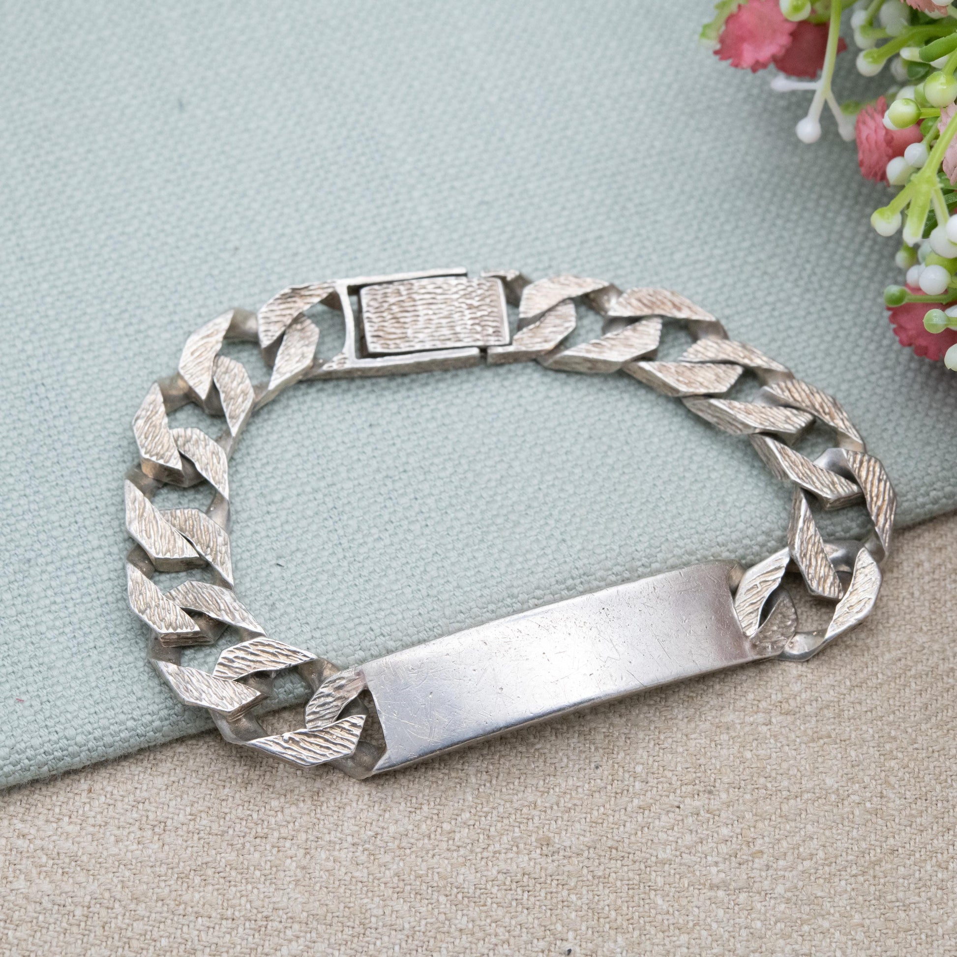 Vintage Sterling Silver Chunky ID Bracelet 1979 - Heavy Flat Curb Links | Unisex Bracelet | Unisex Jewellery Gift for Him