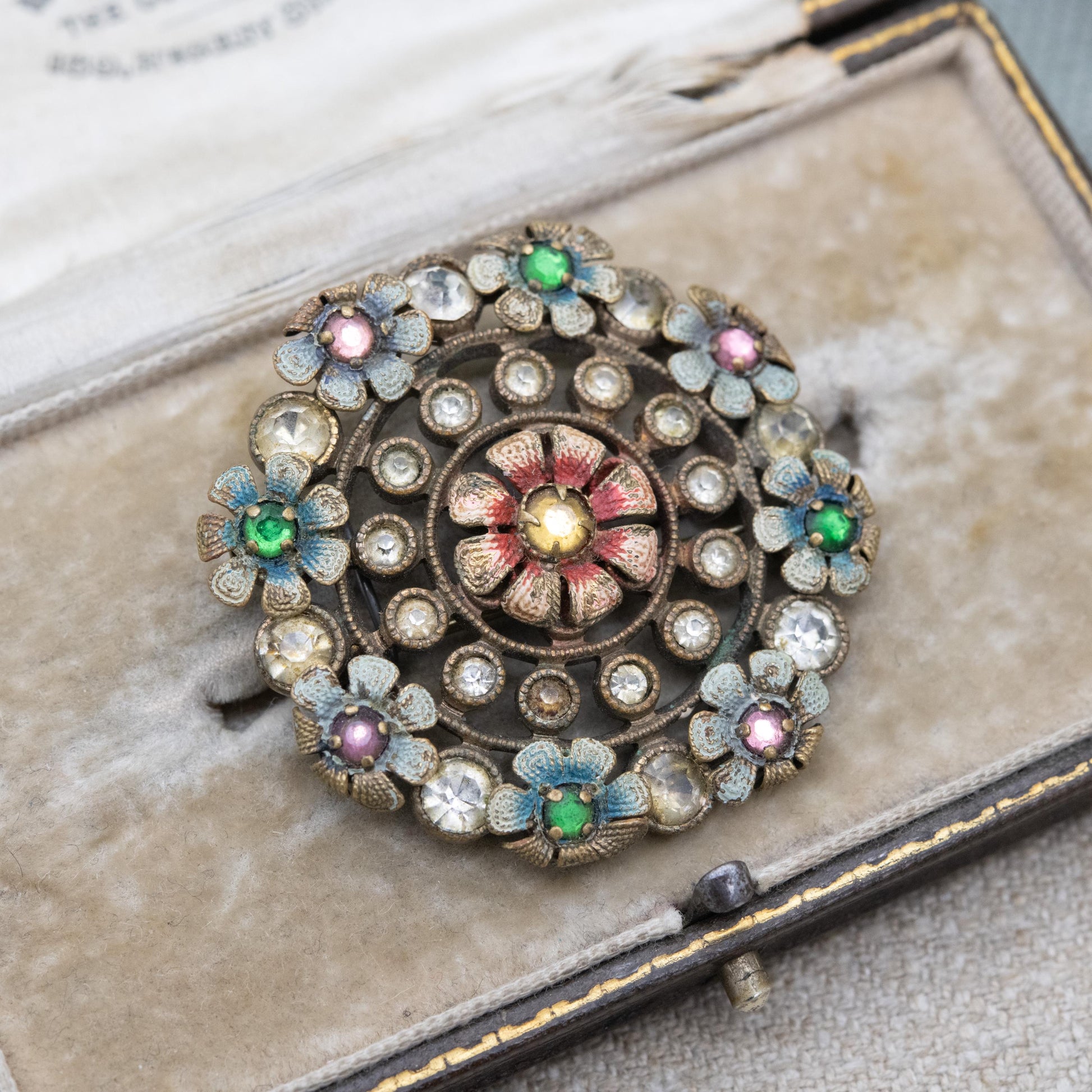 Antique Czech Enamel Flower Brooch with Paste Stones c. 1910s Edwardian Era