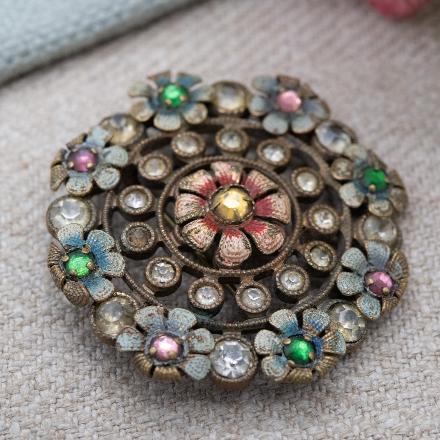 Antique Czech Enamel Flower Brooch with Paste Stones c. 1910s Edwardian Era
