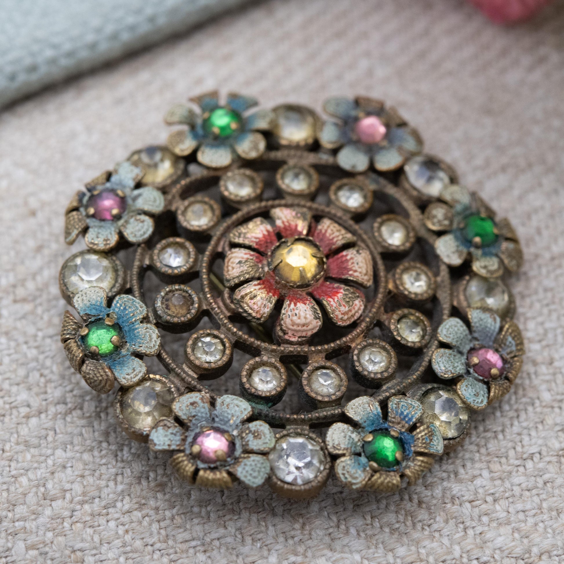Antique Czech Enamel Flower Brooch with Paste Stones c. 1910s Edwardian Era