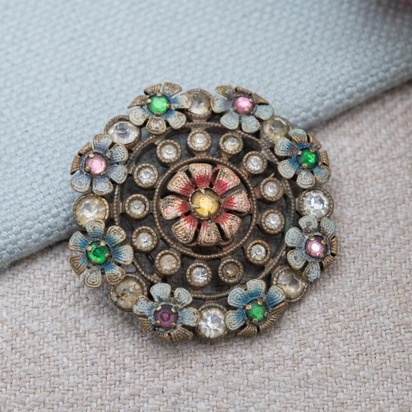 Antique Czech Enamel Flower Brooch with Paste Stones c. 1910s Edwardian Era