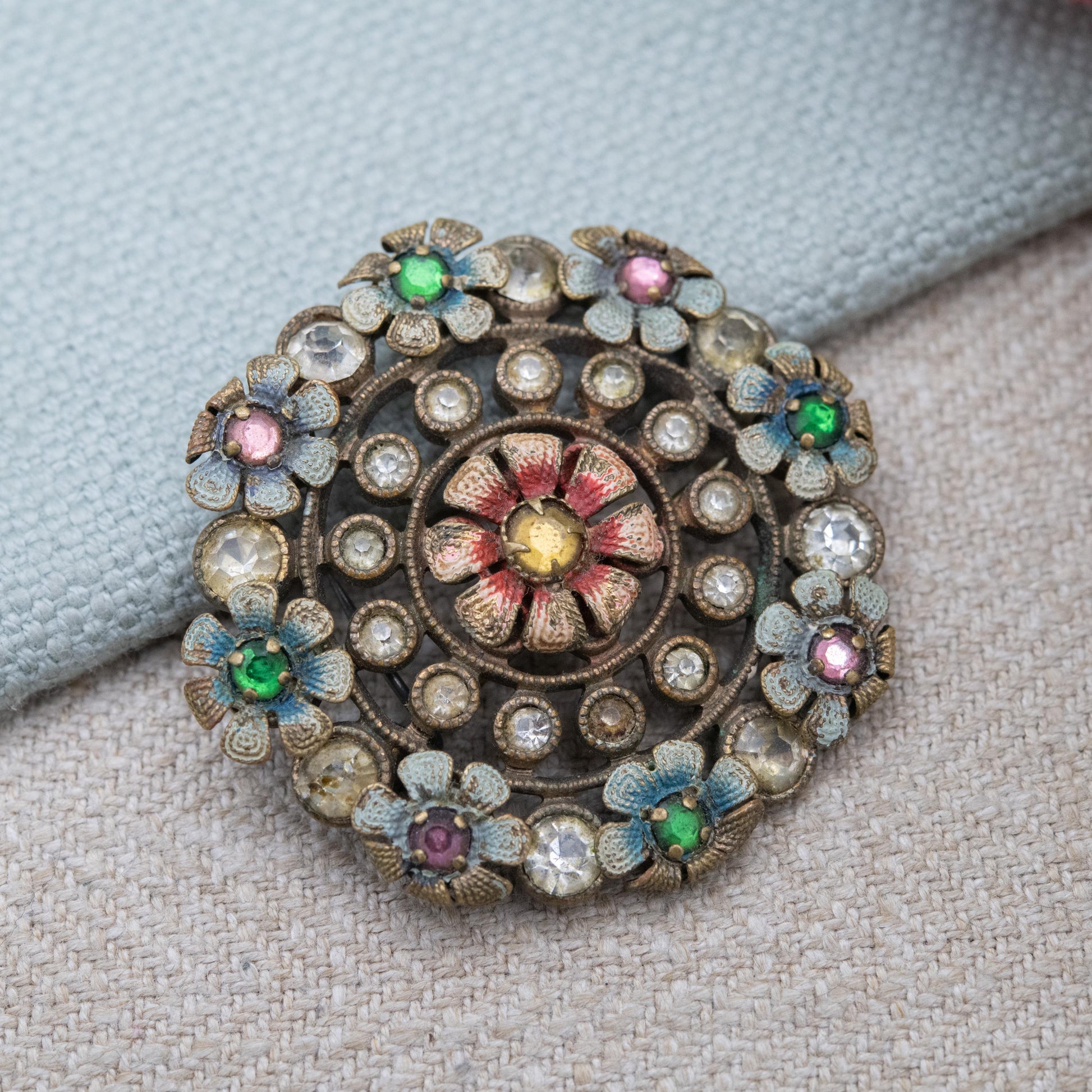 Antique Czech Enamel Flower Brooch with Paste Stones c. 1910s Edwardian Era