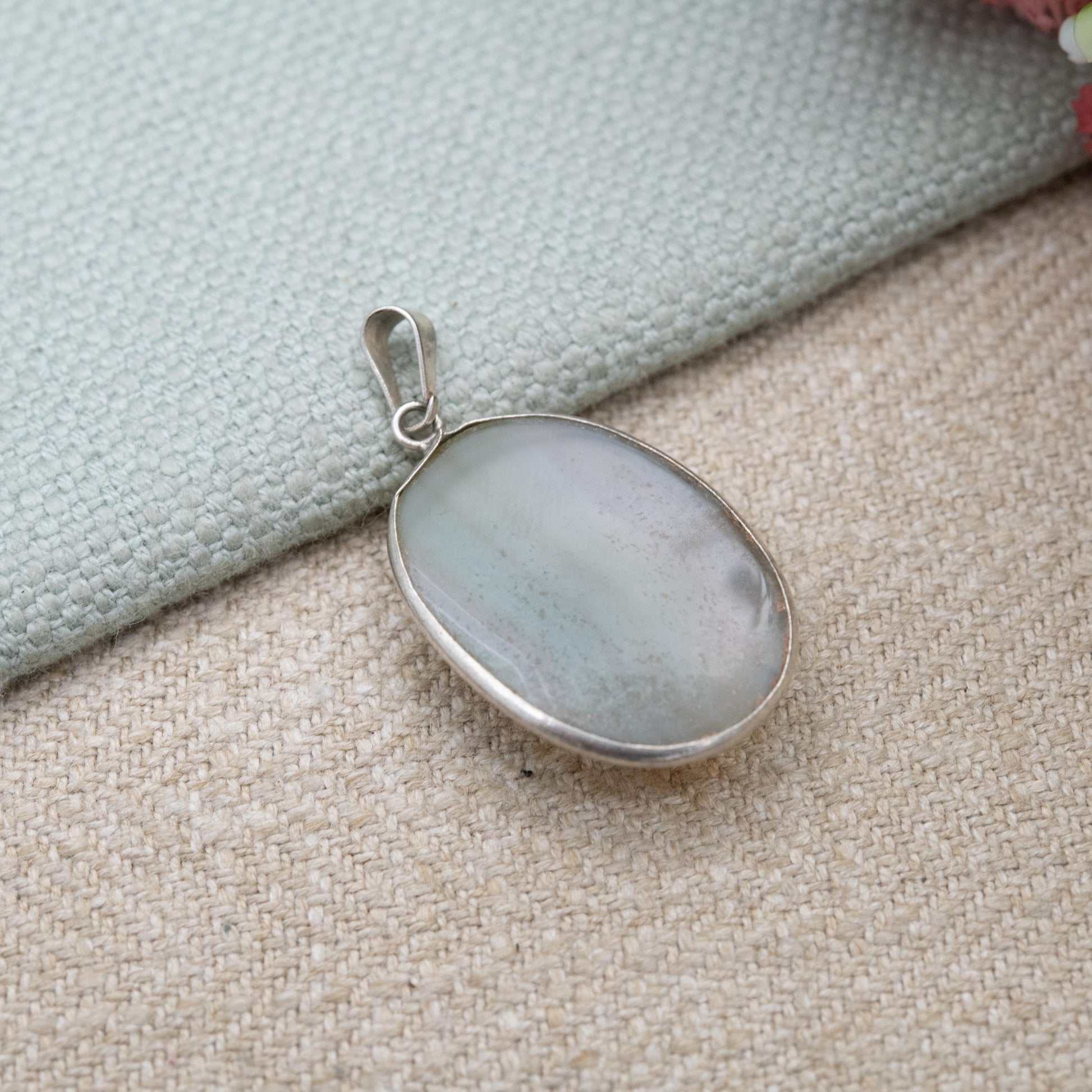 Vintage Silver Agate Pendant with Large Brown and White Cabochon Gemstone