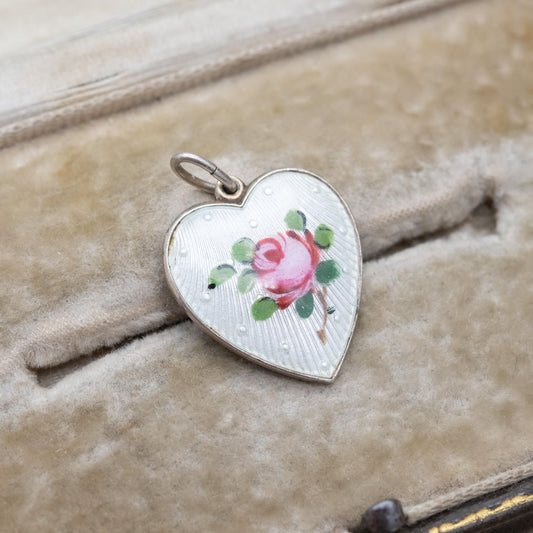 Vintage Norwegian Sterling Silver Heart Pendant with the Lord's Prayer by Ivar Holth c. 1950s - Guilloche Enamel Flower Charm Miniature Text