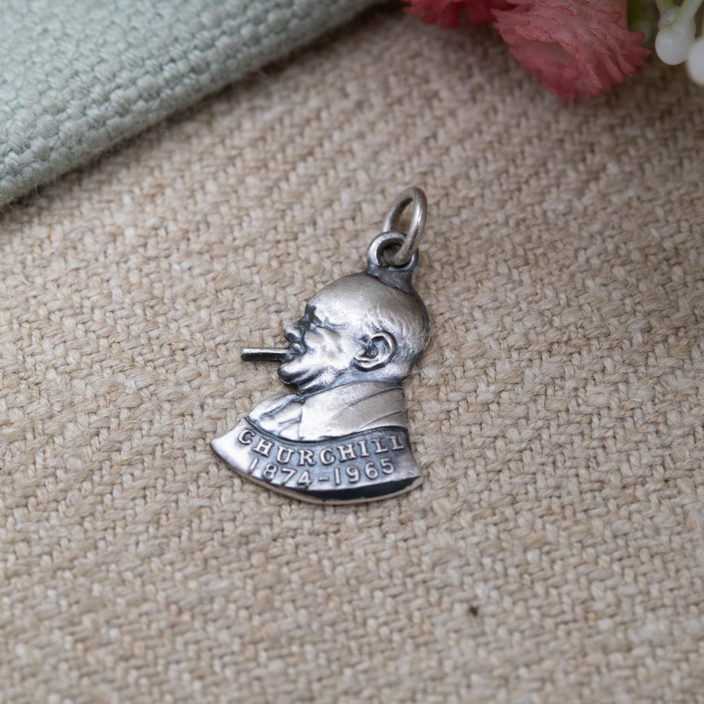 Vintage Sterling Silver Winston Churchill Charm c. 1960s - Commemorative British History Souvenir WWII Theme