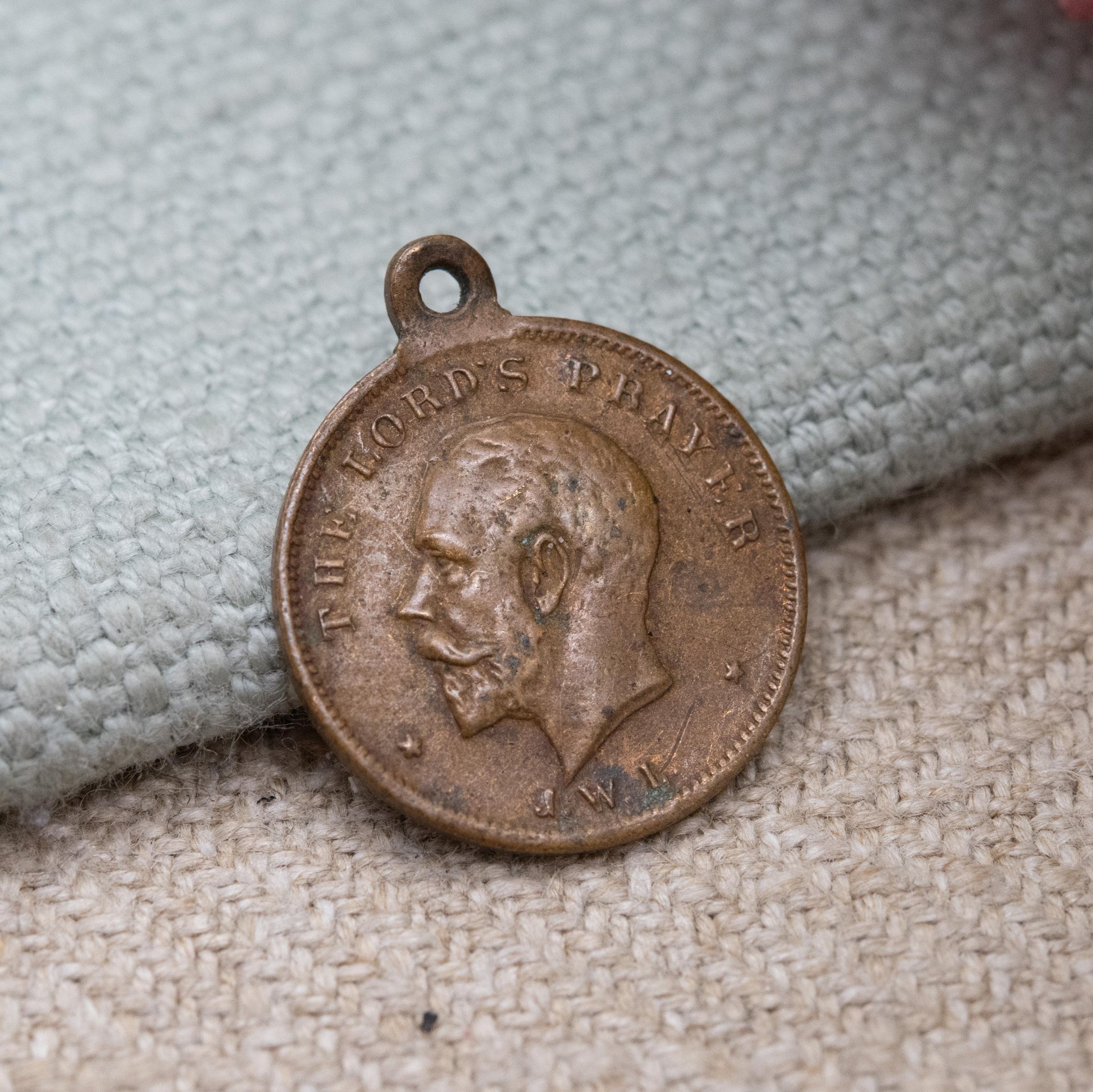Vintage King George V Lord's Prayer Token Charm Pendant c. 1930s - Copper Coin with Miniature Text