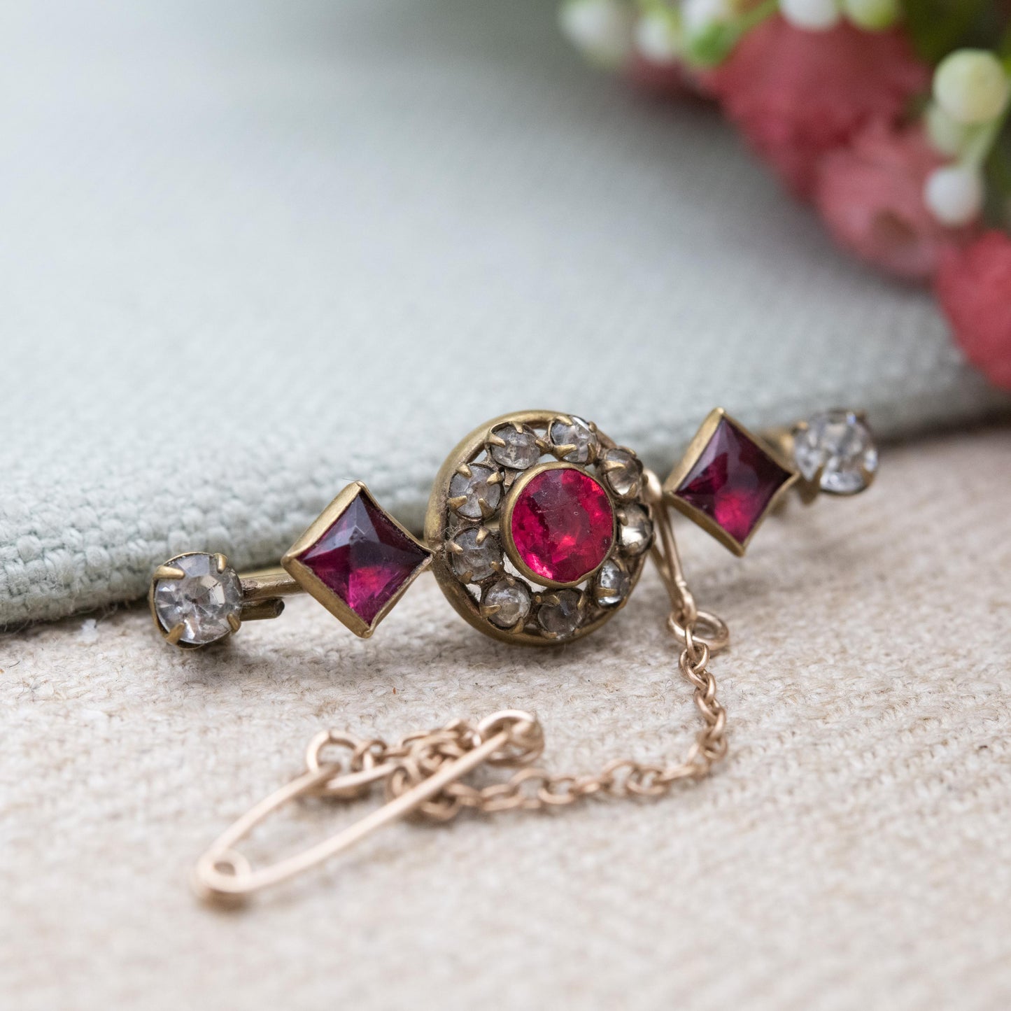 Antique Victorian Paste Bar Brooch c. 1900 - Imitation Ruby and Diamond Glass Stones