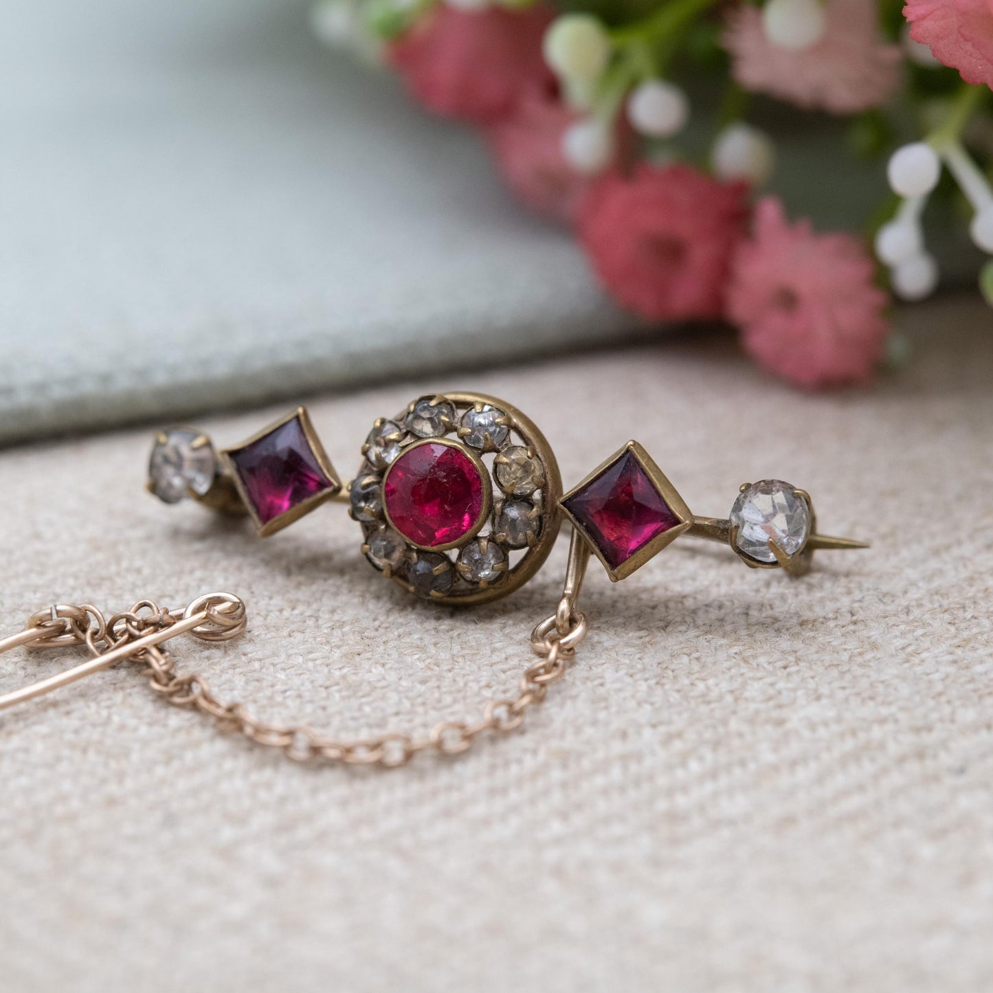 Antique Victorian Paste Bar Brooch c. 1900 - Imitation Ruby and Diamond Glass Stones