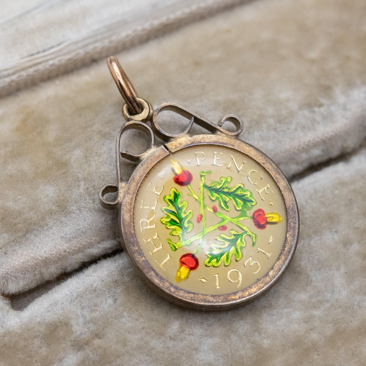 Vintage Enamel Silver 1931 George V Three Pence Coin Pendant in Sterling Silver Mount by Kollmar & Jourdan