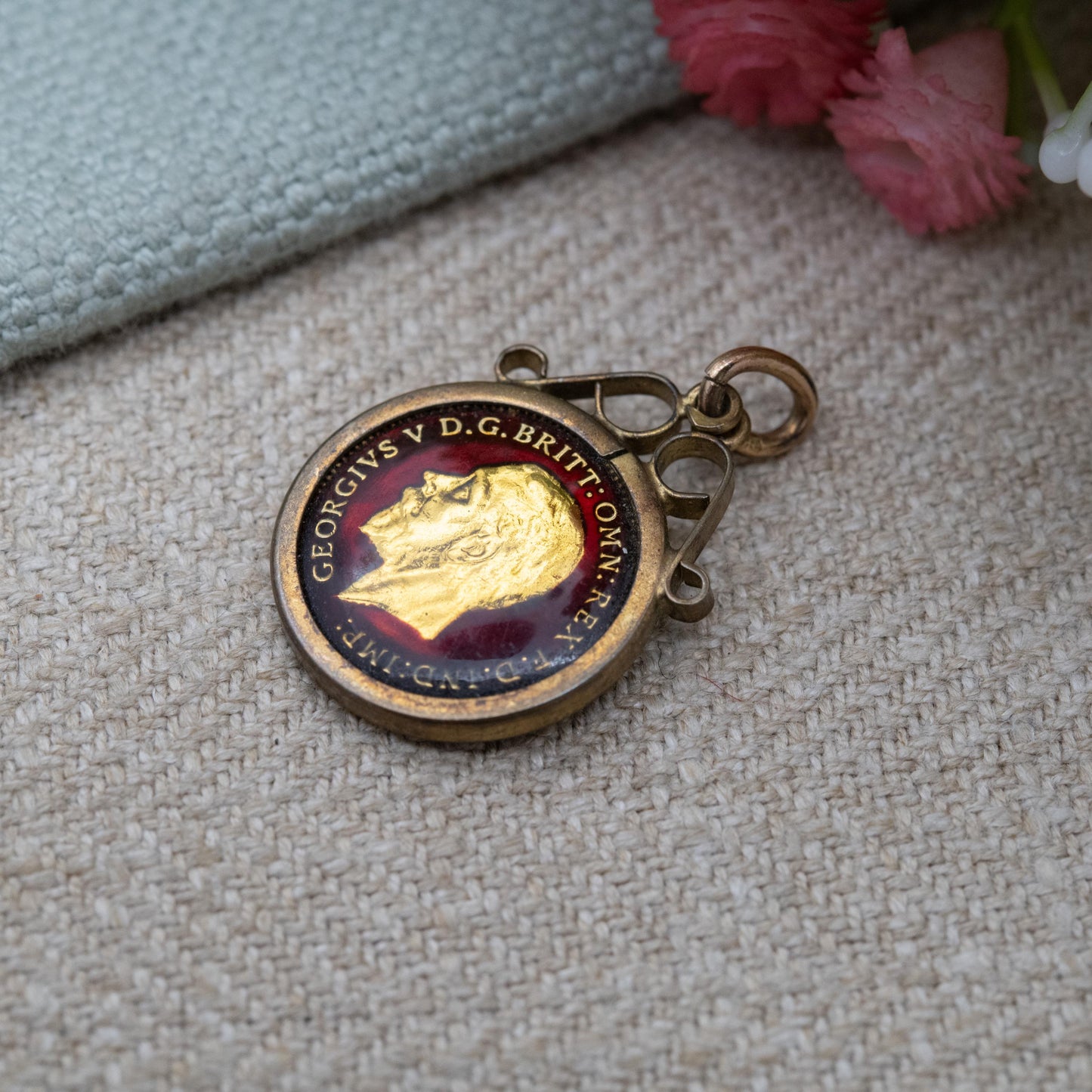 Vintage Enamel Silver 1931 George V Three Pence Coin Pendant in Sterling Silver Mount by Kollmar & Jourdan