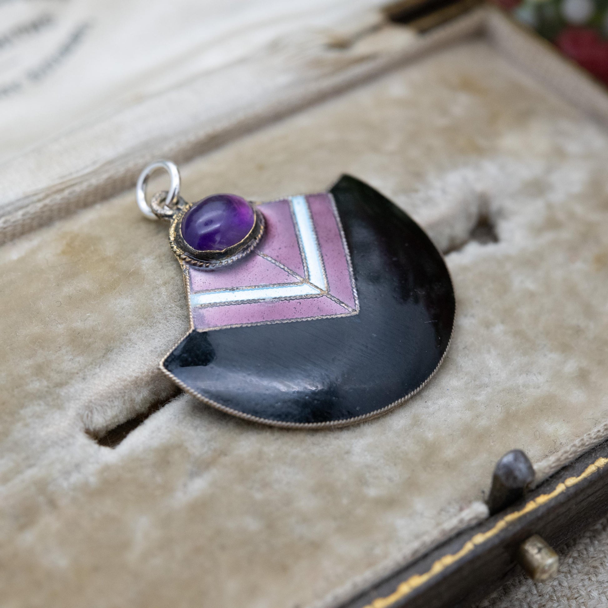 Sterling Silver Enamel Amethyst Pendant with Art Deco Style Fan Shape