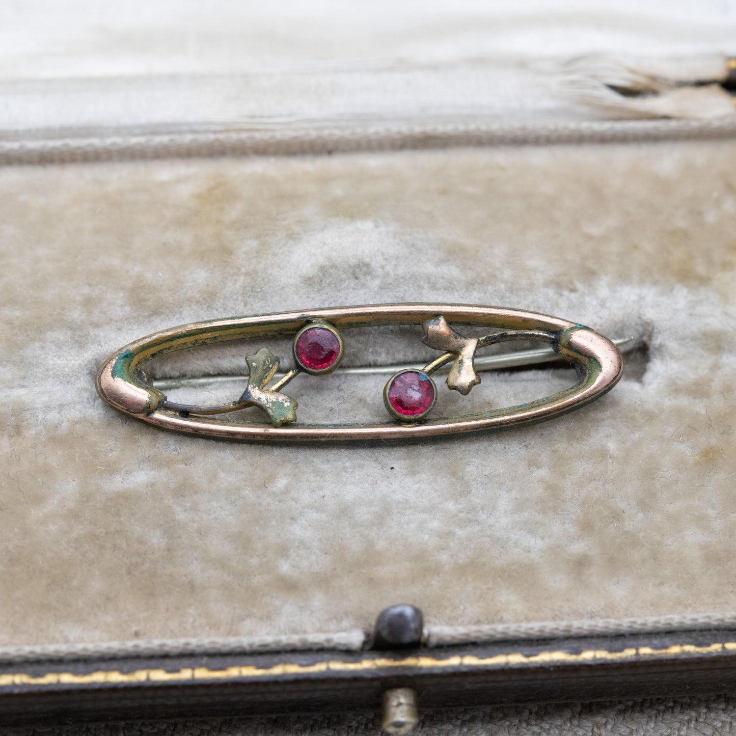 Antique Edwardian Rolled Gold Bar Brooch with Red Paste Two Flower Design