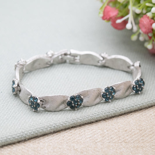 Vintage Crown Trifari Blue Crystal Flower Bracelet - Brushed Silver Tone Panel Bracelet | Collectable Designer Costume Jewellery Mid-Century