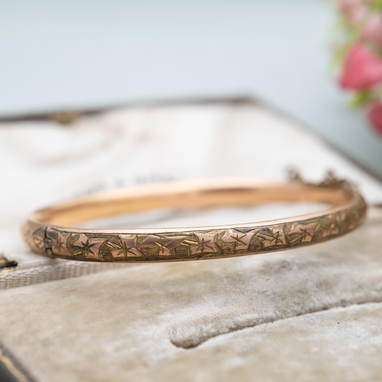 Antique Children's Rolled Gold Bangle Bracelet with Engraved Stars - Small Size