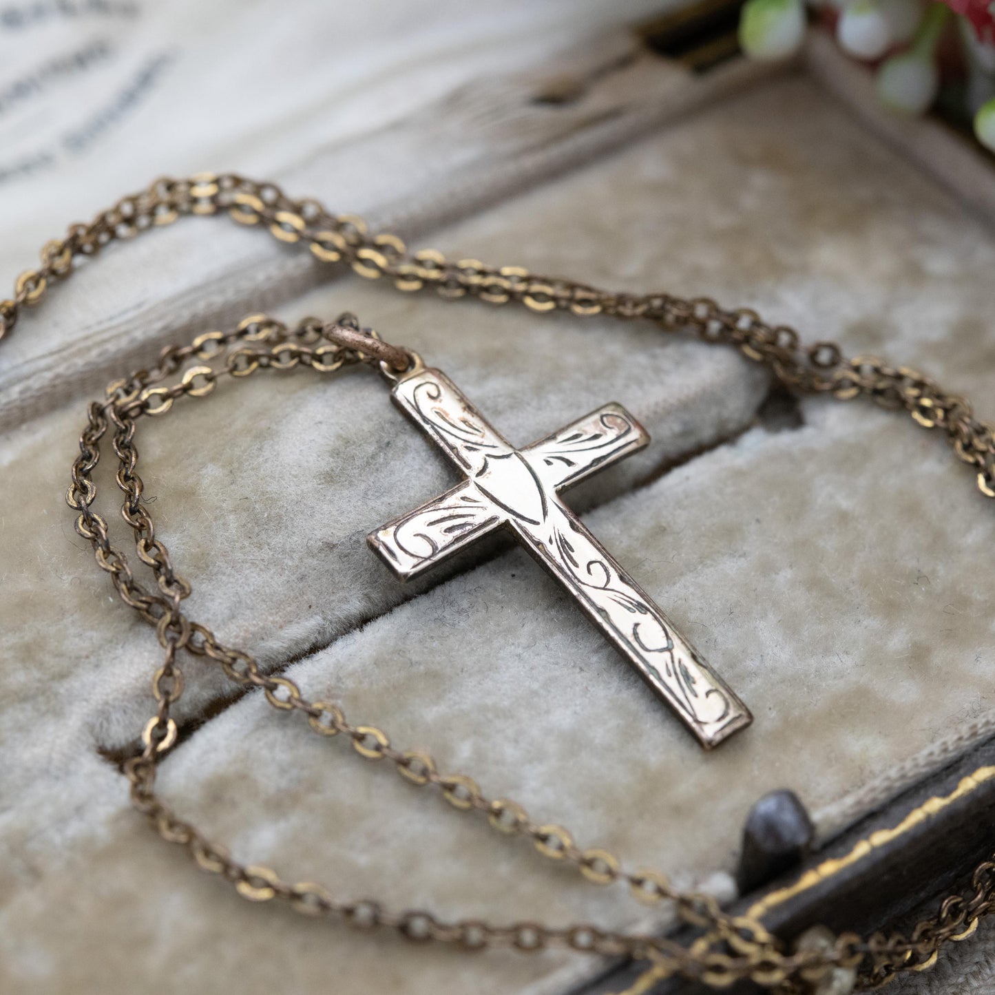 Vintage Rolled Gold Cross Pendant Necklace c. 1970s AJH with Hand Engraved Shield Design