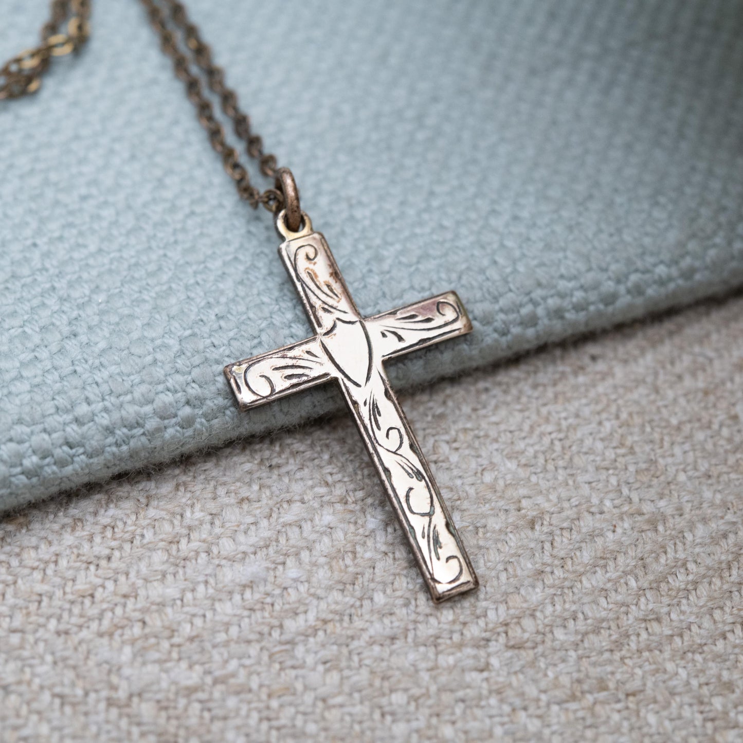 Vintage Rolled Gold Cross Pendant Necklace c. 1970s AJH with Hand Engraved Shield Design