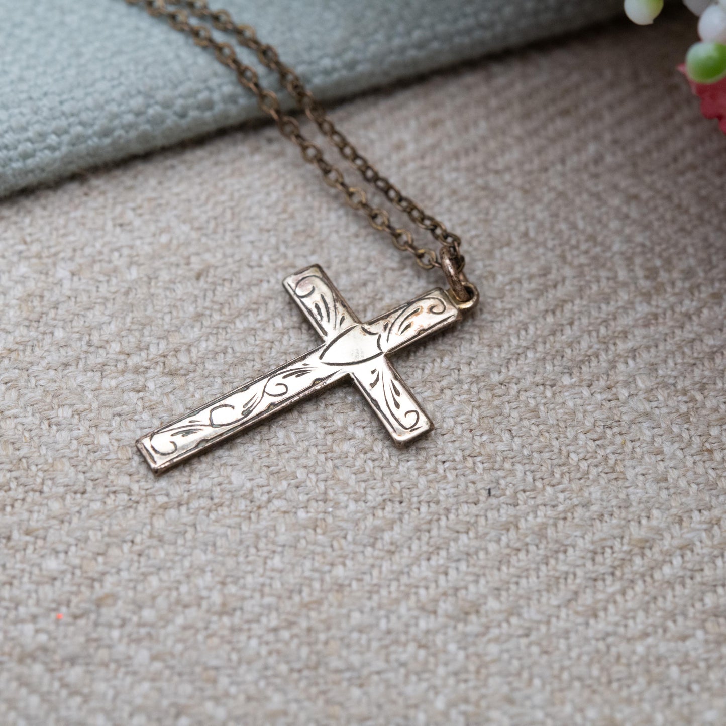 Vintage Rolled Gold Cross Pendant Necklace c. 1970s AJH with Hand Engraved Shield Design