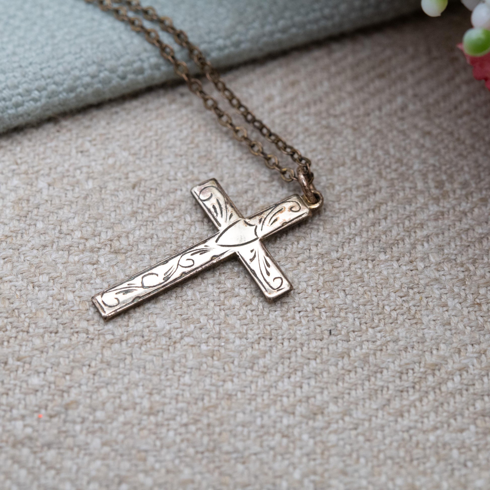 Vintage Rolled Gold Cross Pendant Necklace c. 1970s AJH with Hand Engraved Shield Design