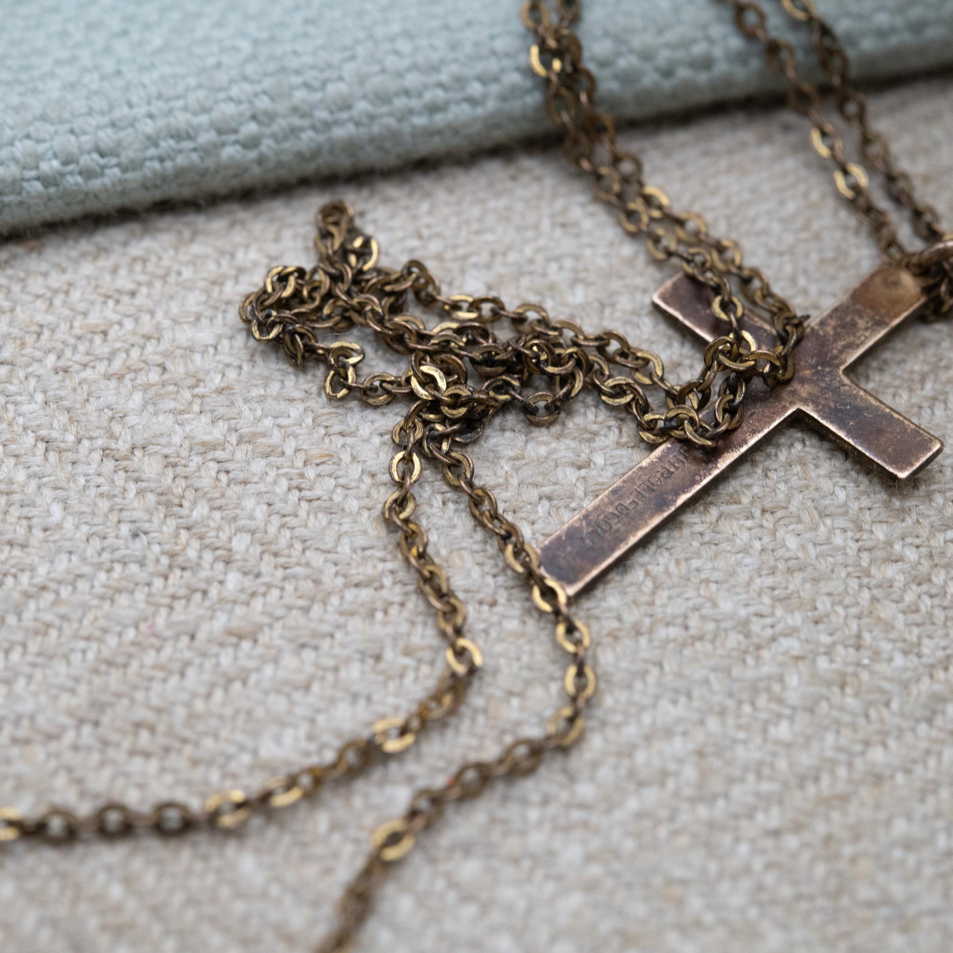 Vintage Rolled Gold Cross Pendant Necklace c. 1970s AJH with Hand Engraved Shield Design