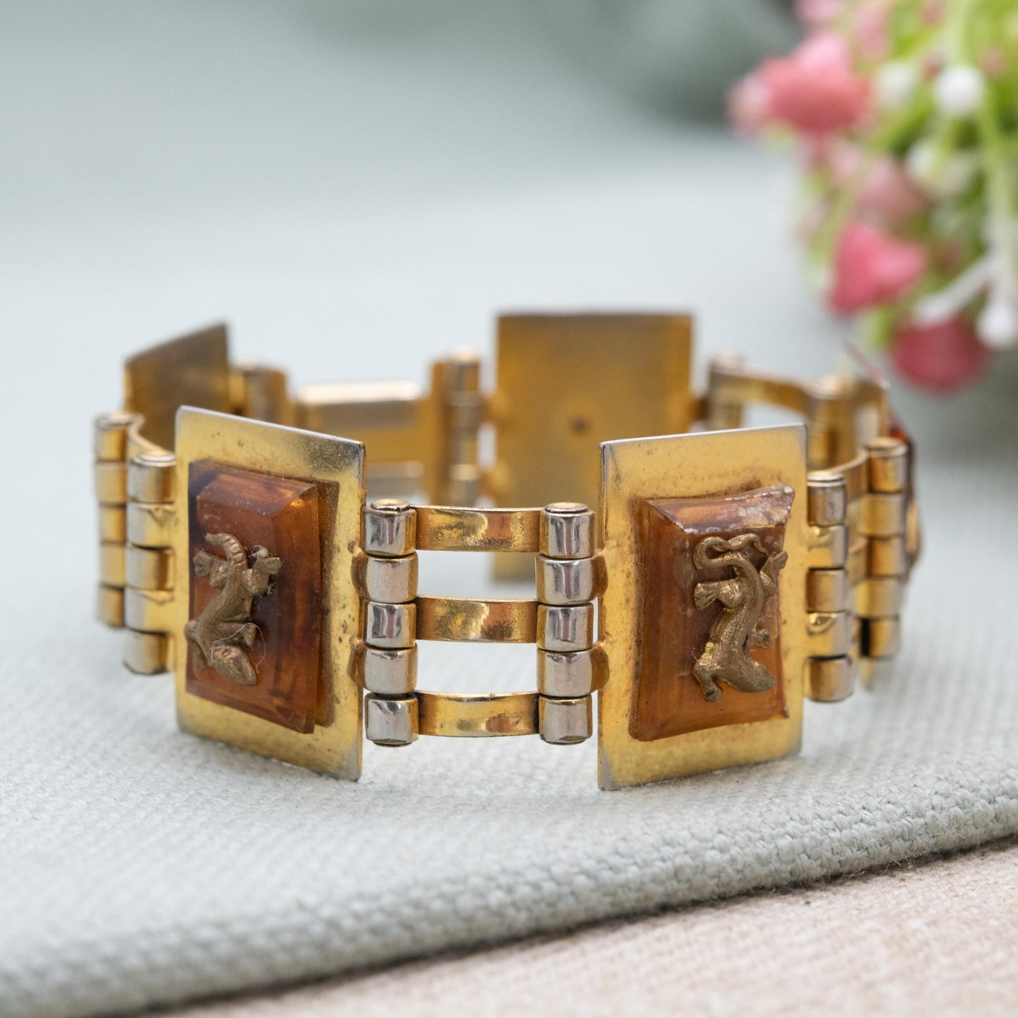Vintage Jean Painlevé Salamander Bracelet c. 1920s Art Deco Jewellery with Early Plastic Tortoiseshell Bakelite