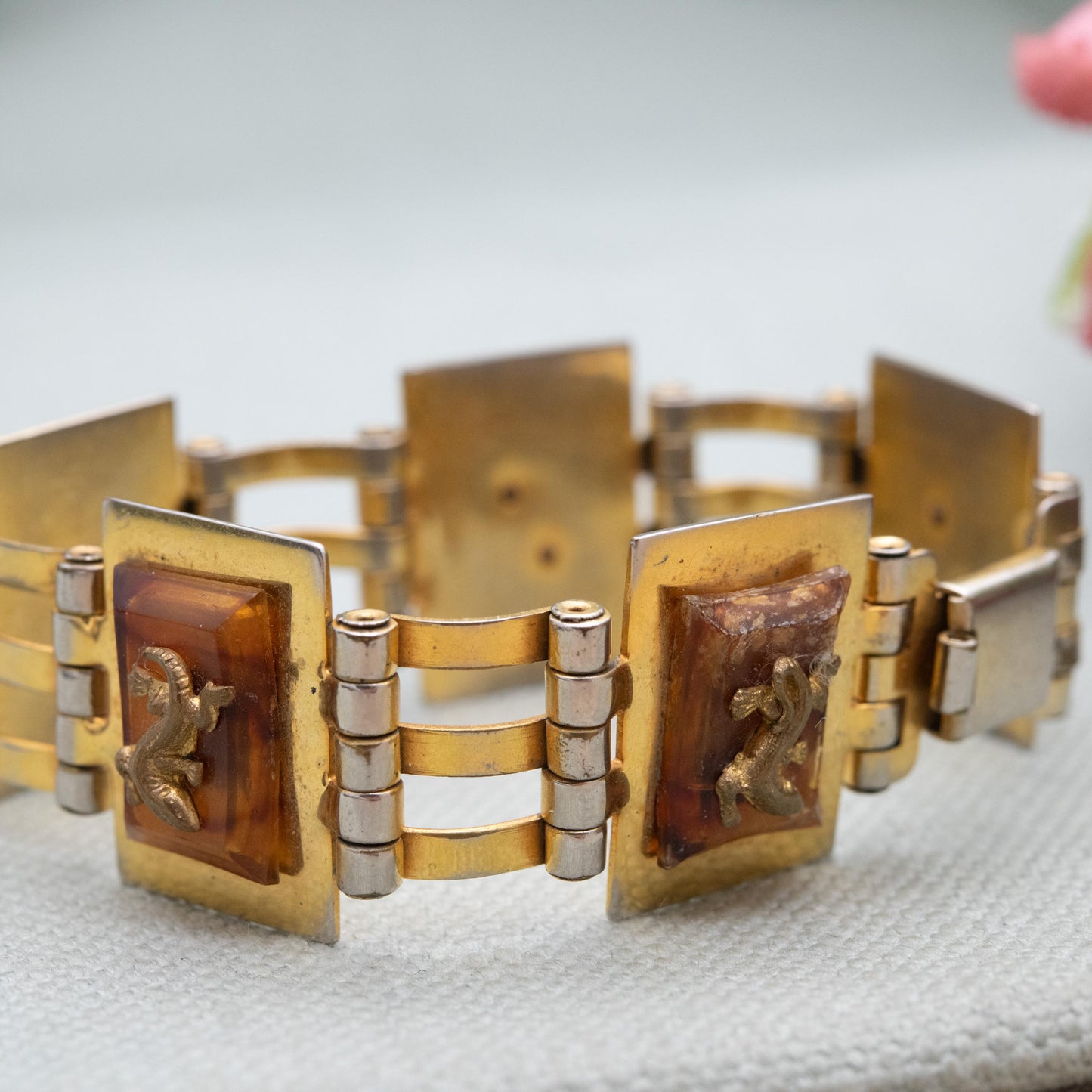 Vintage Jean Painlevé Salamander Bracelet c. 1920s Art Deco Jewellery with Early Plastic Tortoiseshell Bakelite