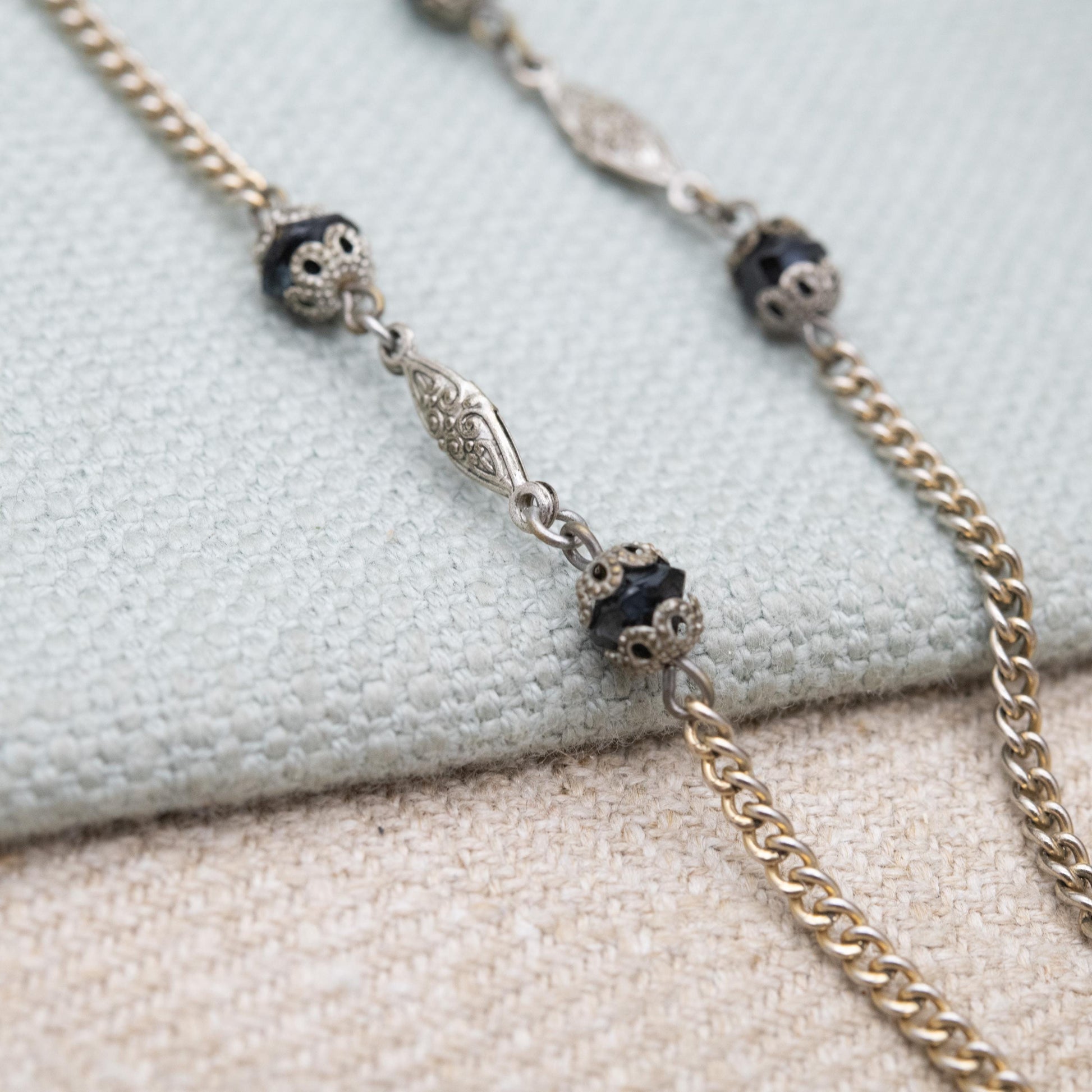 Vintage Czech Foiled Glass Necklace with Faux Pearls and Tassel Drop c. 1930s