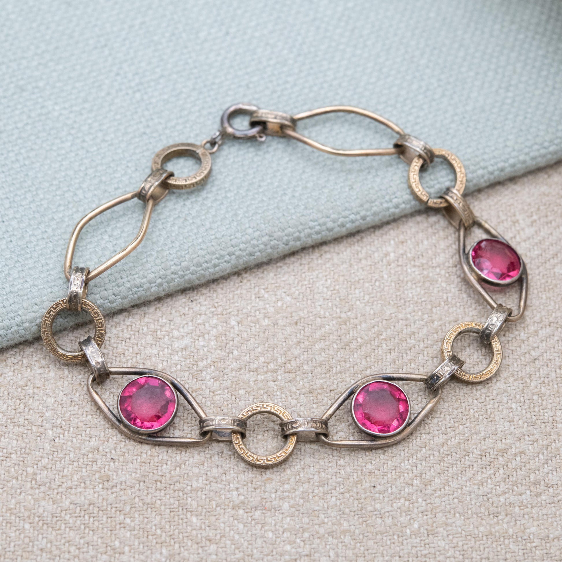 Vintage 12ct Rolled Gold and Silver Bracelet with Pink Paste Stones and Meander Links c. 1960s Signed