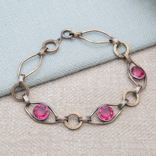 Vintage 12ct Rolled Gold and Silver Bracelet with Pink Paste Stones and Meander Links c. 1960s Signed