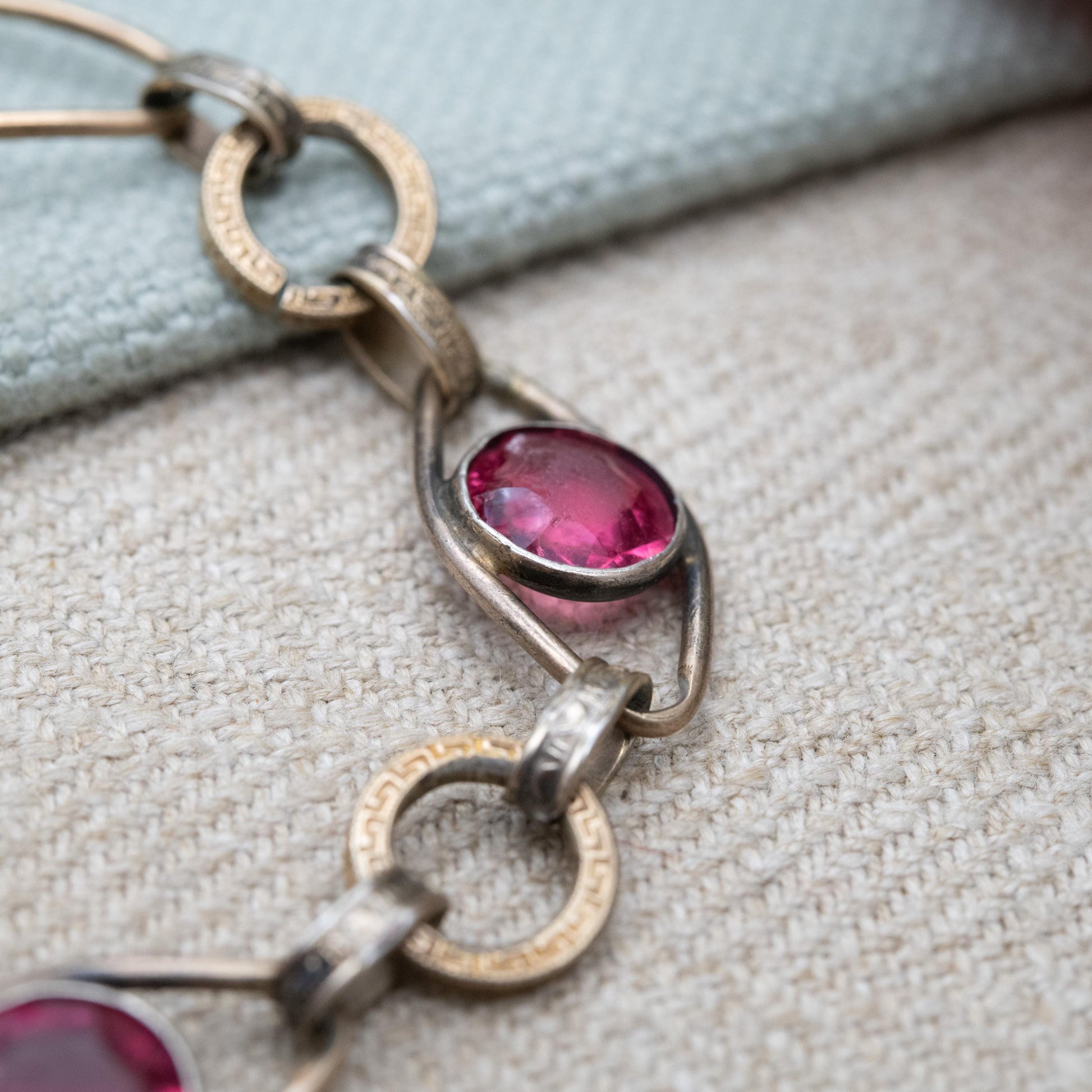 Vintage 12ct Rolled Gold and Silver Bracelet with Pink Paste Stones and Meander Links c. 1960s Signed