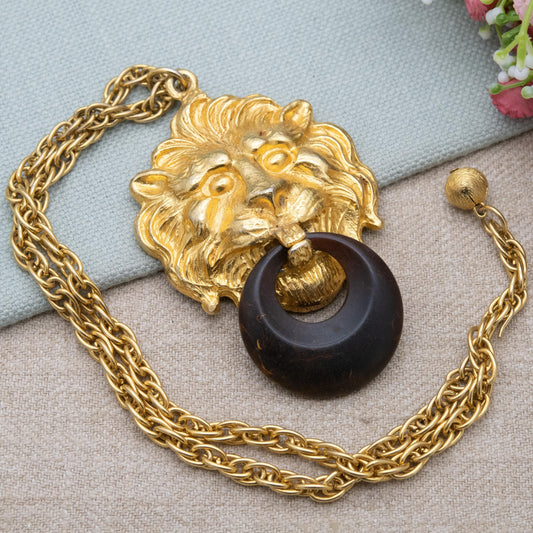 Vintage Kenneth Jay Lane Lion Head Door Knocker Pendant Necklace KJL - Chunky Statement Designer Jewellery
