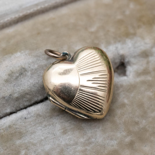 Vintage 9ct Gold Back and Front Sunburst Heart Locket Pendant with Engraved Design c. 1960s