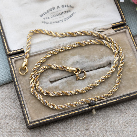 Vintage Rolled Gold Rope Twist Chain Necklace - Two Tone White and Yellow