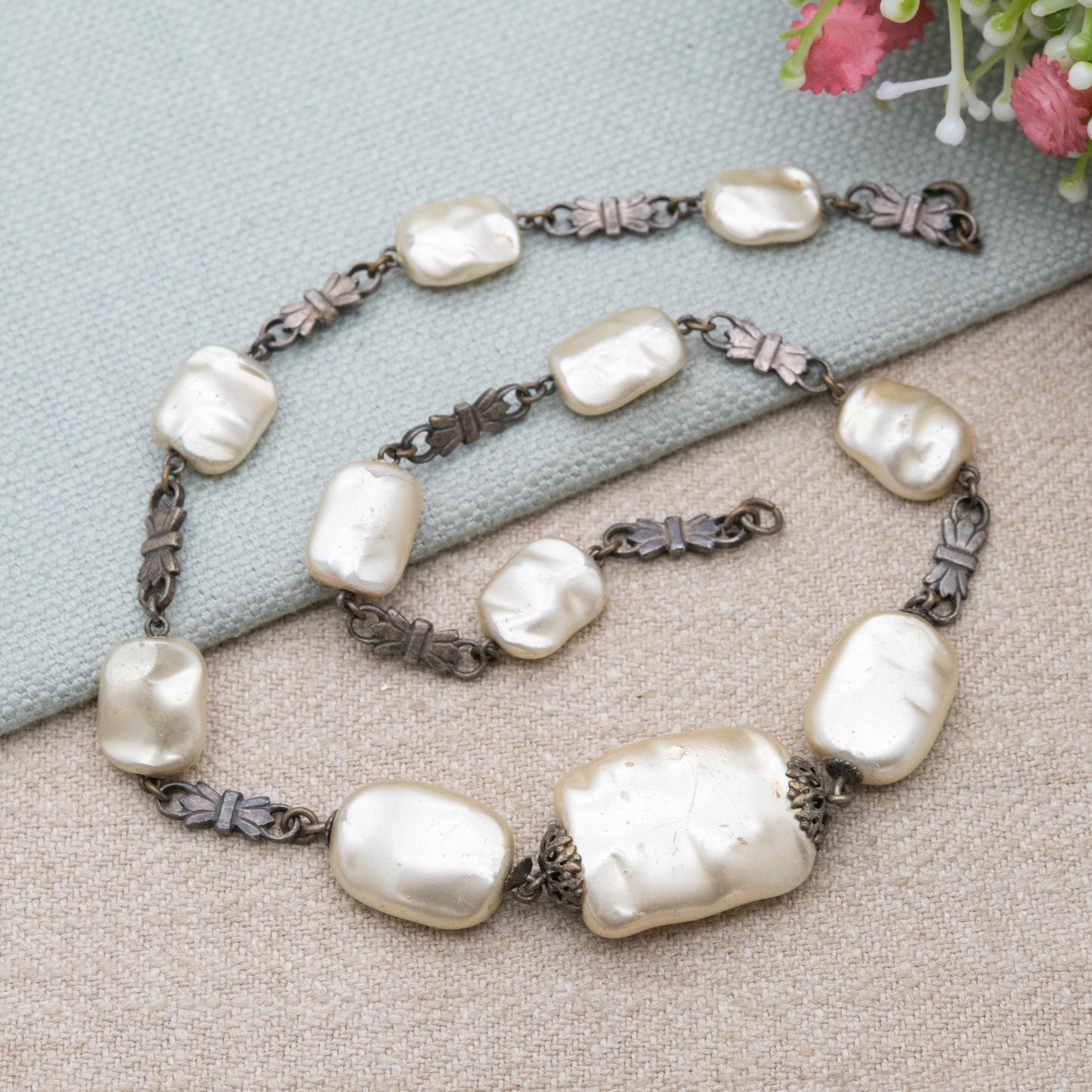 Vintage Silver Faux Pearl Necklace with Bow Spacers c. 1930s - Large Graduating Keshi Baroque Pearl Style Beads