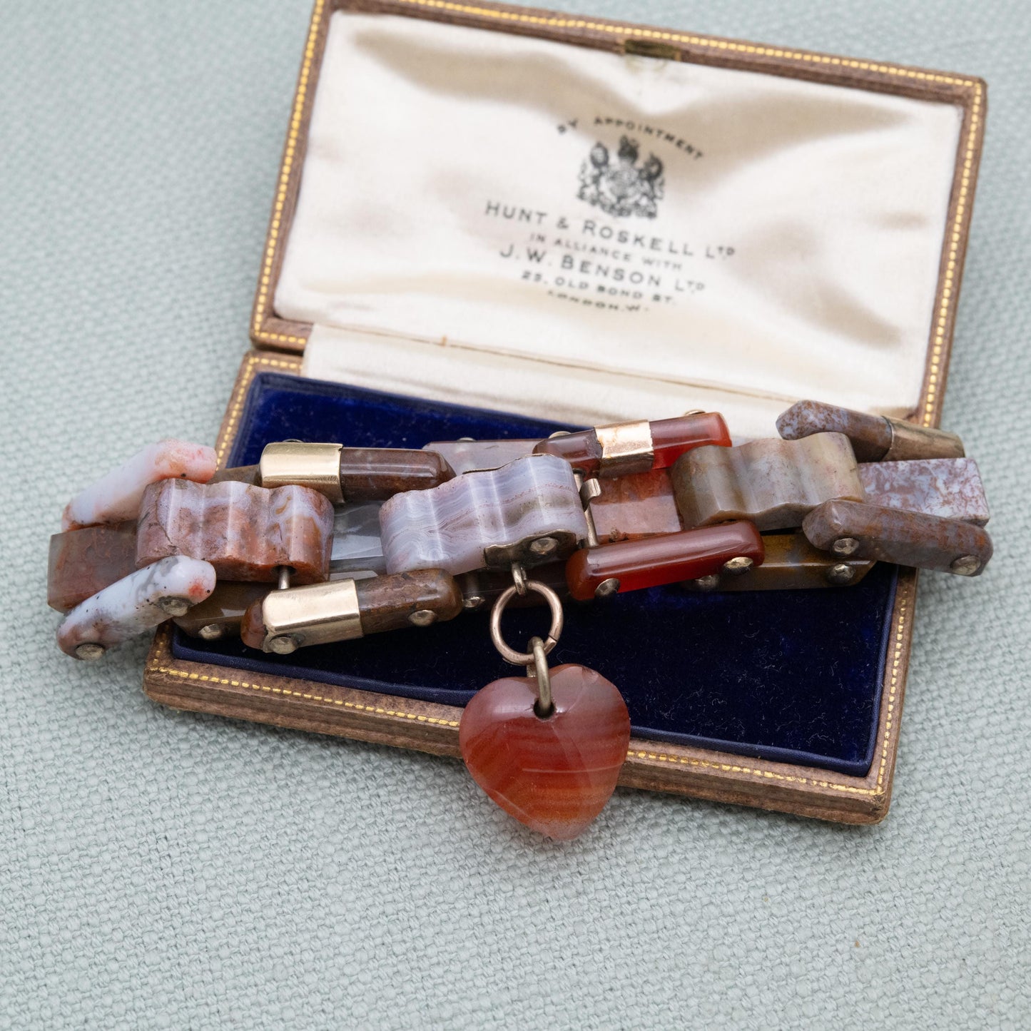 Antique Victorian Scottish Agate Bracelet with Gold Accents and Carved Heart Charm