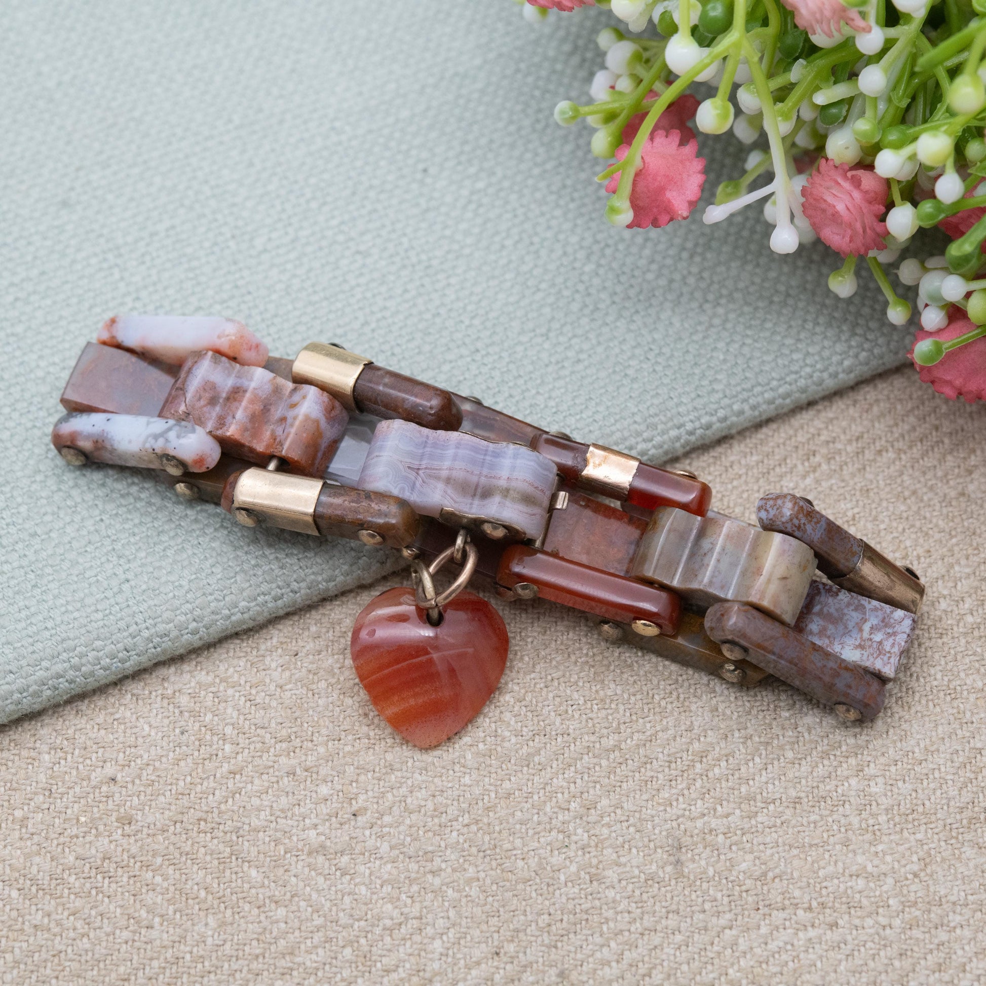 Antique Victorian Scottish Agate Bracelet with Gold Accents and Carved Heart Charm