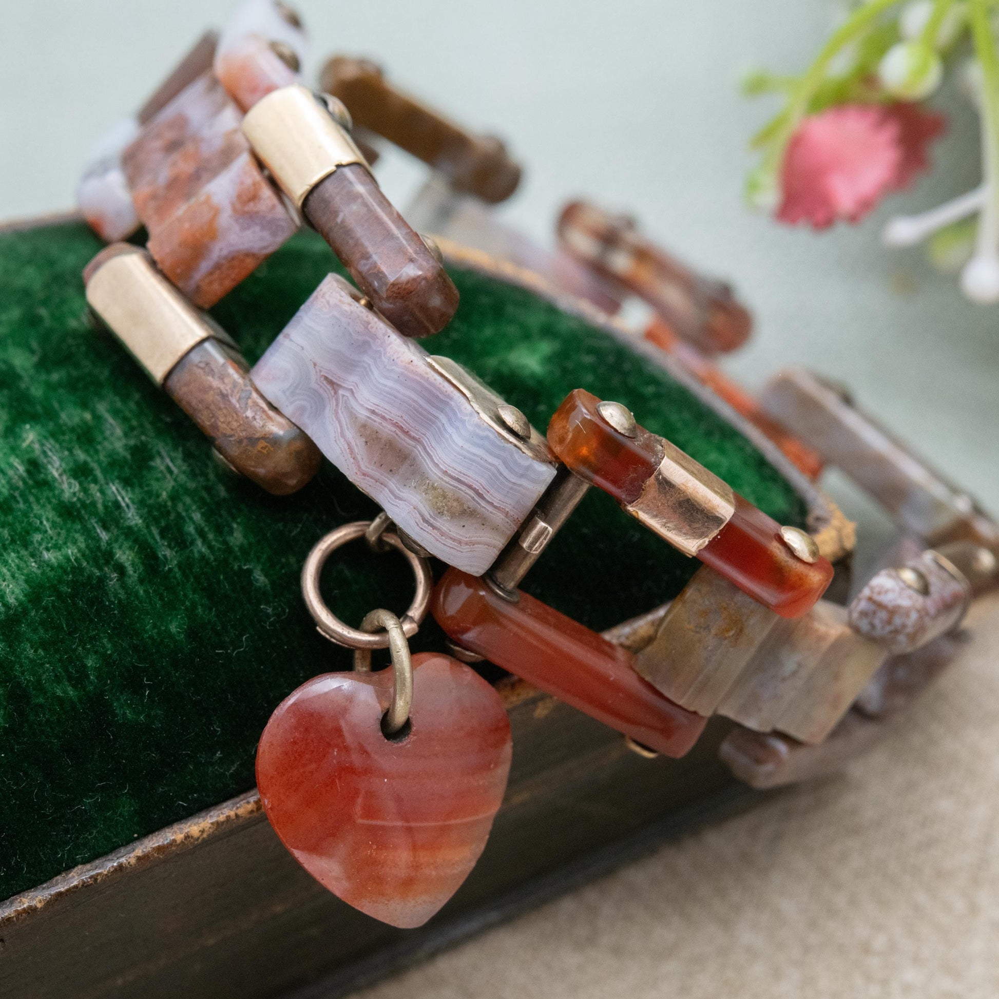 Antique Victorian Scottish Agate Bracelet with Gold Accents and Carved Heart Charm