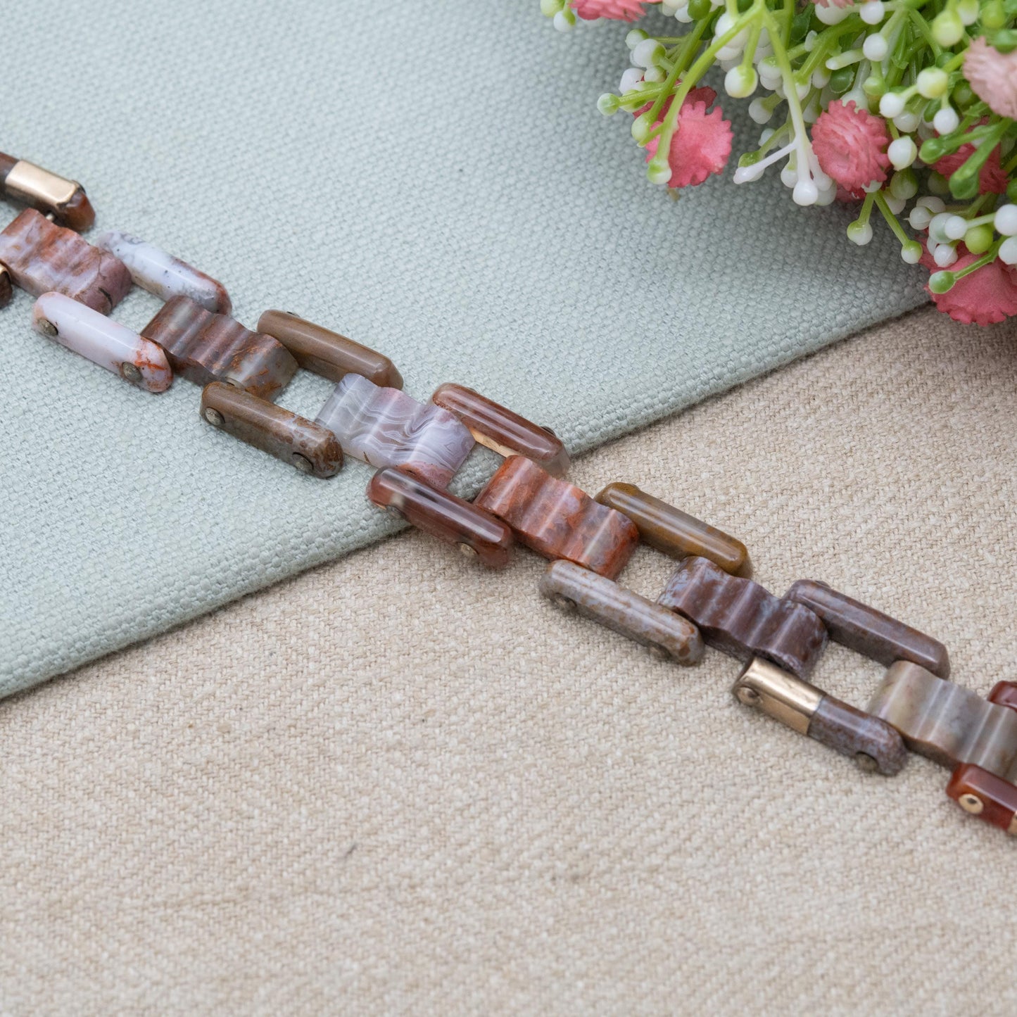 Antique Victorian Scottish Agate Bracelet with Gold Accents and Carved Heart Charm