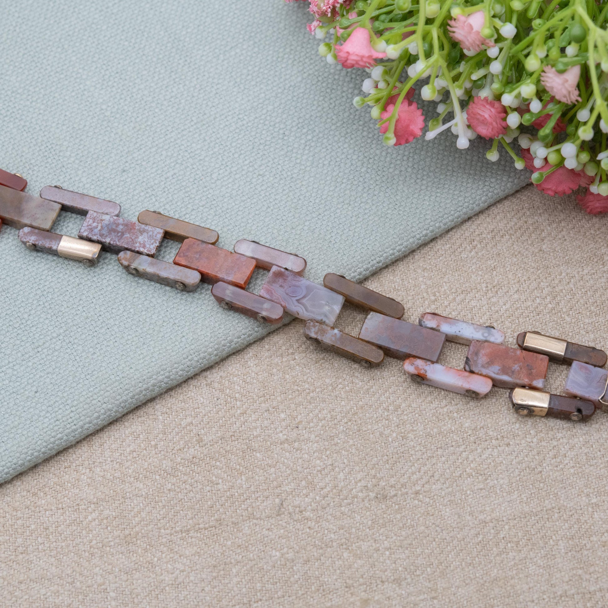 Antique Victorian Scottish Agate Bracelet with Gold Accents and Carved Heart Charm