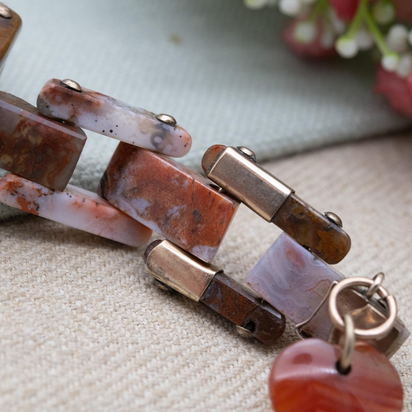 Antique Victorian Scottish Agate Bracelet with Gold Accents and Carved Heart Charm
