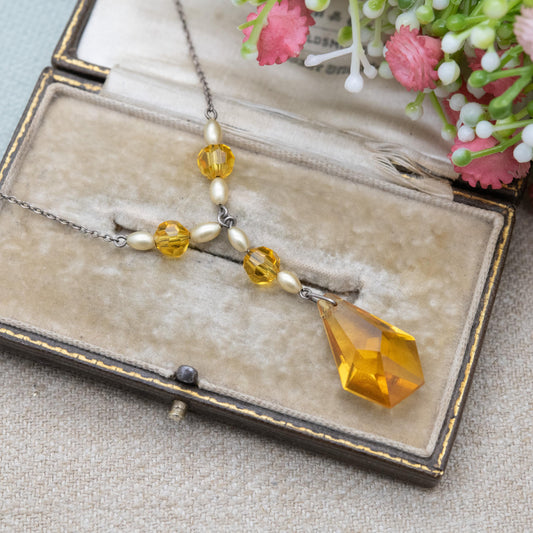 Antique Art Deco Silver Orange Crystal Glass Integral Pendant Necklace with Faux Pearls c. 1920s