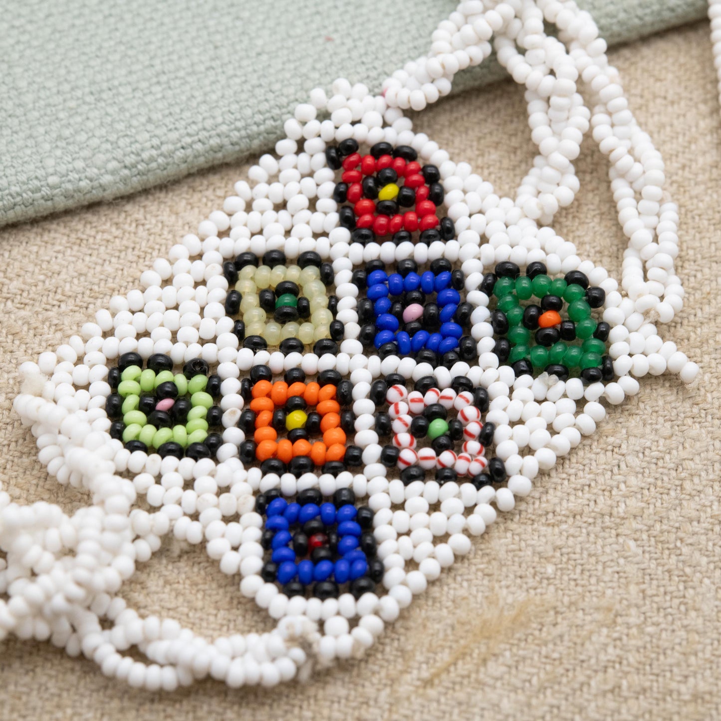 Vintage Glass Seed Bead Necklace with Long Tassel Drop - White and Colourful Beads