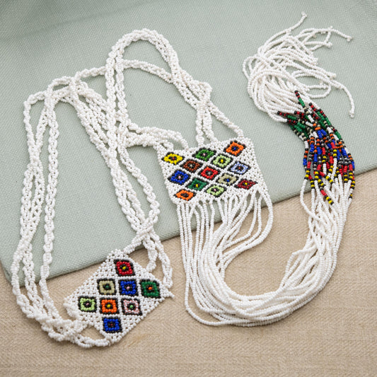 Vintage Glass Seed Bead Necklace with Long Tassel Drop - White and Colourful Beads