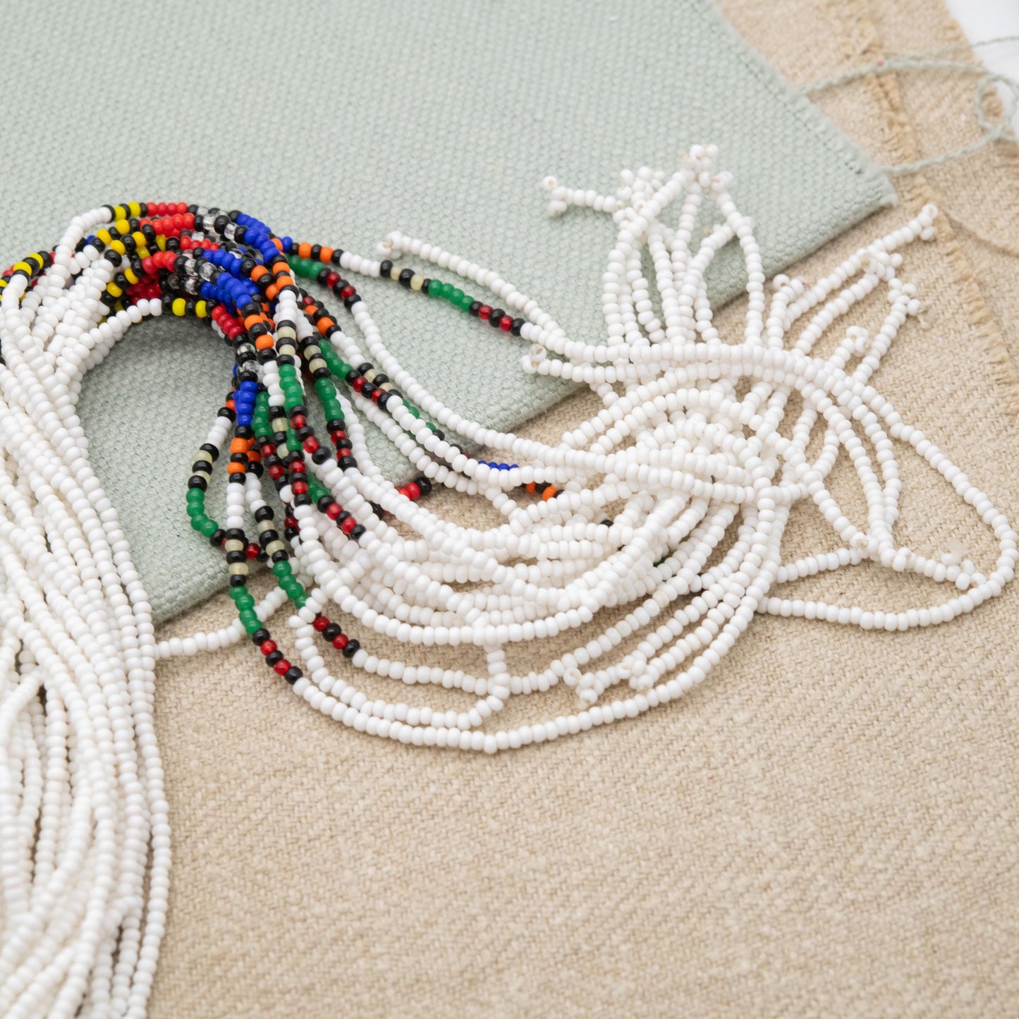 Vintage Glass Seed Bead Necklace with Long Tassel Drop - White and Colourful Beads