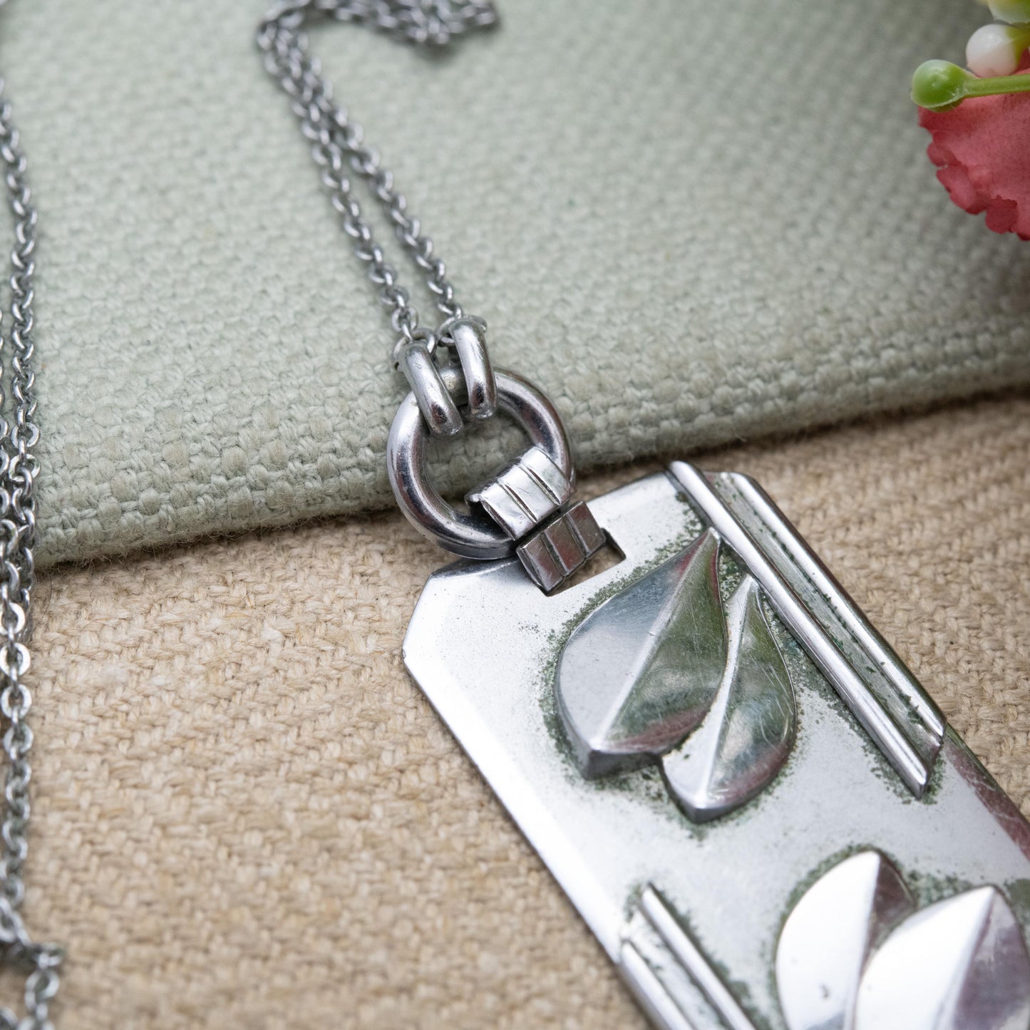 Vintage Art Deco Chrome Pendant Necklace c. 1930s with Modernist Leaf Design