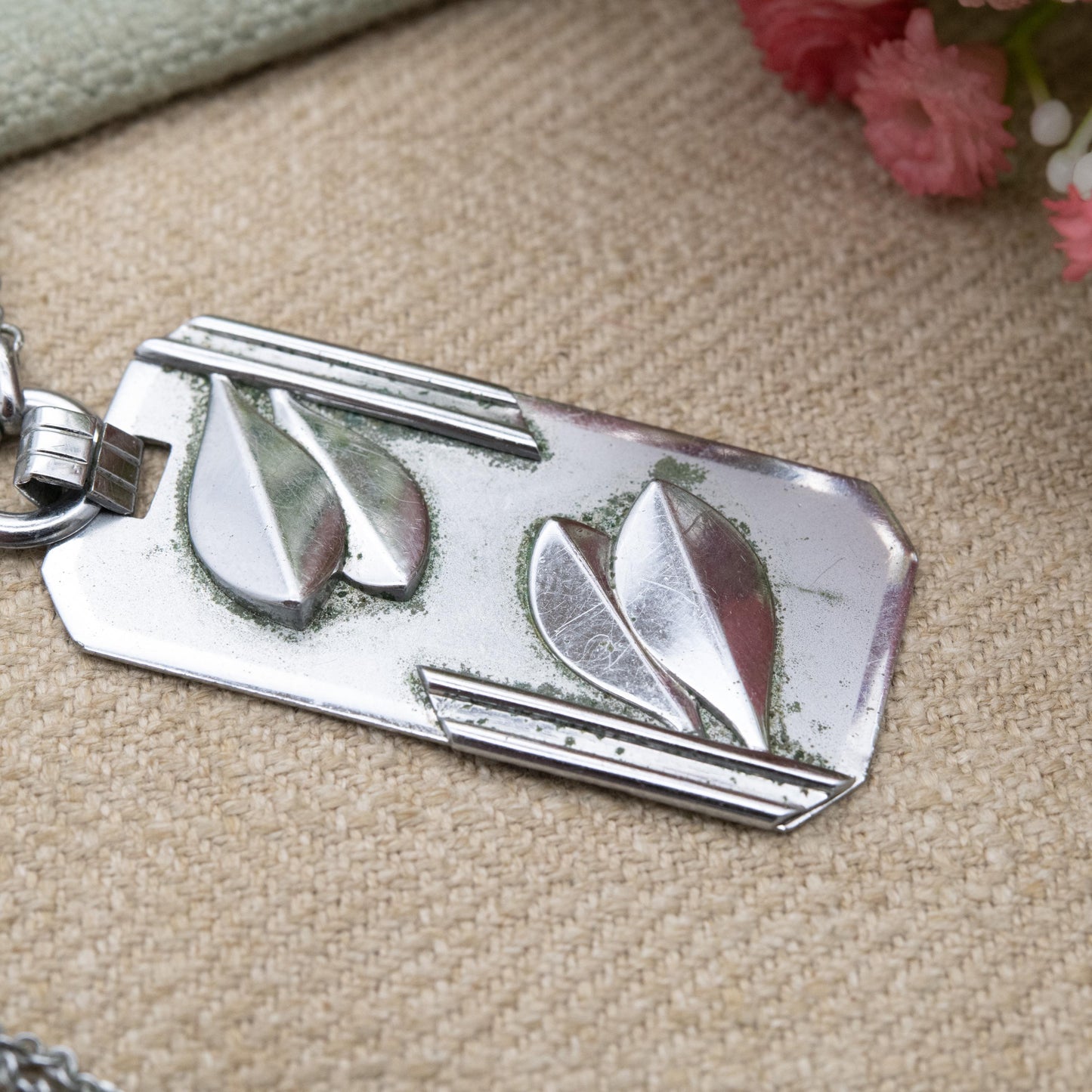 Vintage Art Deco Chrome Pendant Necklace c. 1930s with Modernist Leaf Design