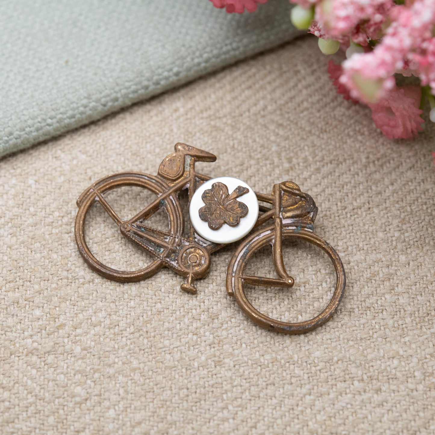 Antique Bicycle Brooch with Mother of Pearl Shamrock c. 1920s Made in England