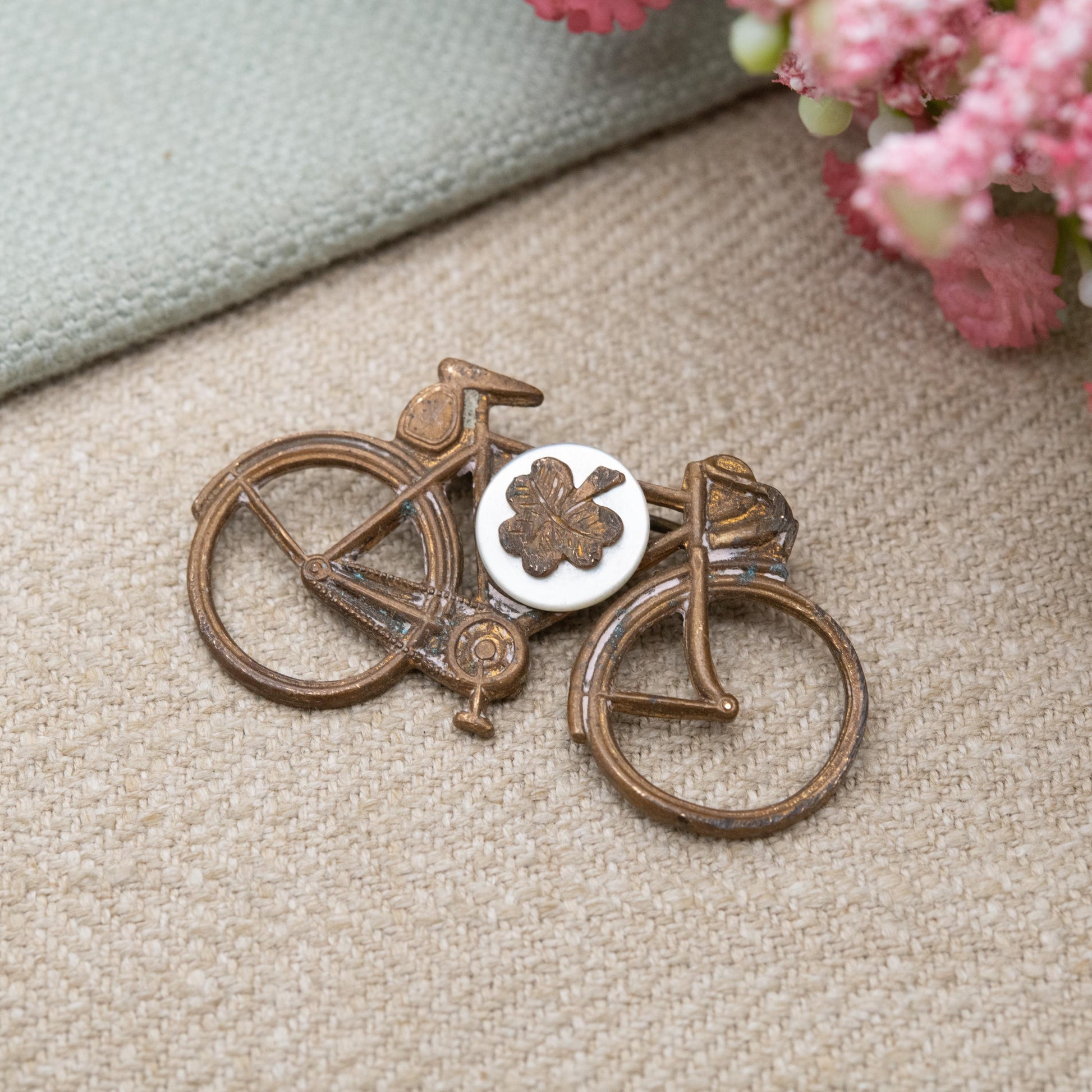 Antique Bicycle Brooch with Mother of Pearl Shamrock c. 1920s Made in England